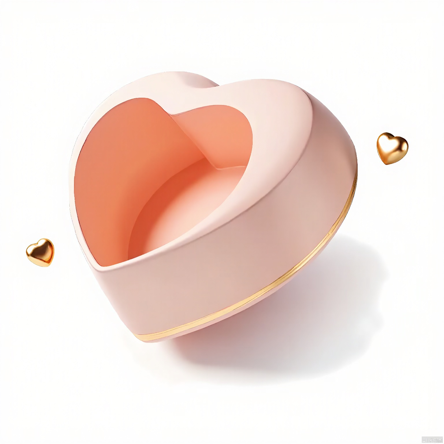 LH, Photograph of a heart-shaped box with a smooth, matte finish, featuring a soft pink color with a gold trim. The box is open, revealing an empty interior. Two small gold hearts are positioned inside the box, one on the left and one on the right. The background is white, and the box is slightly tilted to the right. The lighting is soft and even, casting gentle shadows. The overall aesthetic is minimalist and elegant, with a focus on the box's design and color contrast.