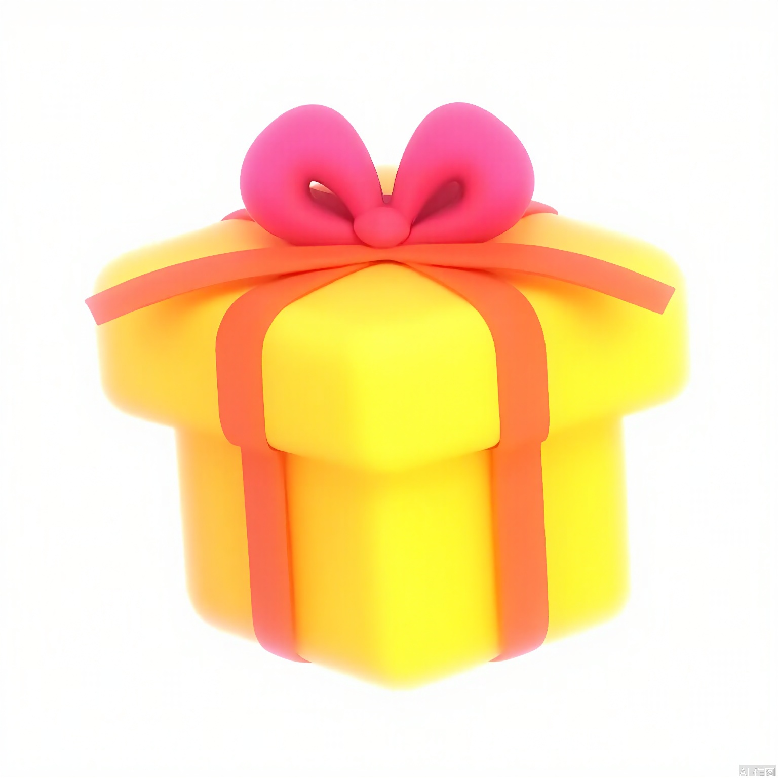 LH, A digital illustration of a gift box with a bright, vibrant color palette. The box is shaped like a cube and is primarily yellow, with a smaller, square top section in a gradient of yellow to orange. The box is wrapped with a wide, pink ribbon that ties into a neat bow at the top. The ribbon is smooth and shiny, adding a touch of elegance. The background is plain white, making the colorful box stand out. The style is simple and modern, with a focus on bright, cheerful colors.