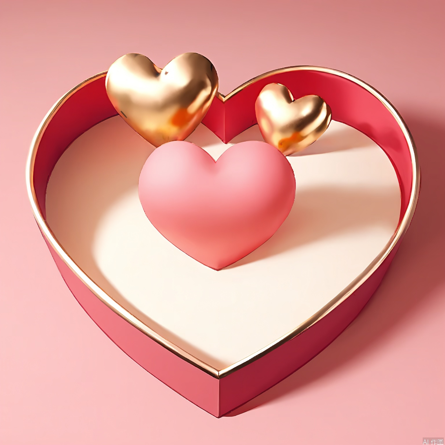 LH, Photograph of a heart-shaped box with a smooth, matte finish, featuring a soft pink color with a gold trim. The box is open, revealing an empty interior. Two small gold hearts are positioned inside the box, one on the left and one on the right. The background is white, and the box is slightly tilted to the right. The lighting is soft and even, casting gentle shadows. The overall aesthetic is minimalist and elegant, with a focus on the box's design and color contrast.