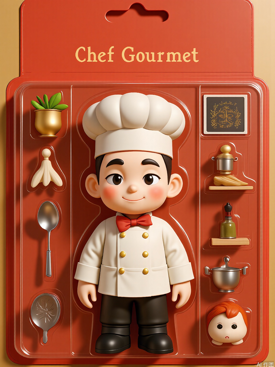 WJSB,
A 3D rendering of a chef named Chef Gourmet, wrapped in a plastic box. Chef Gourmet had a tall white hat, a chef's coat, and was holding a spatula. He was surrounded by miniature cooking utensils. The box also contained a cookbook and a set of spices. The background is a warm red and gold surface. The style is culinary and inviting, with an emphasis on the delicious and appetizing packaging of the character.