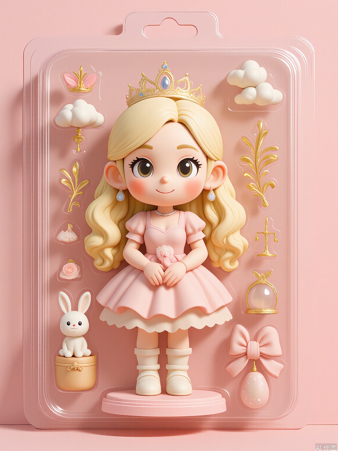 WJSB,
A 3D rendered statue of a young girl named Luna Starlight, wrapped in a plastic box. The girl had long blonde hair and was wearing a pink tutu, a sparkly tiara, and white ballet slippers. She was clutching a stuffed bunny rabbit. The box also contained a glittery wand and a small music box. The background is a soft pastel pink surface. The style is whimsical and cartoonish, with an emphasis on the dreamy and enchanting packaging of the character.