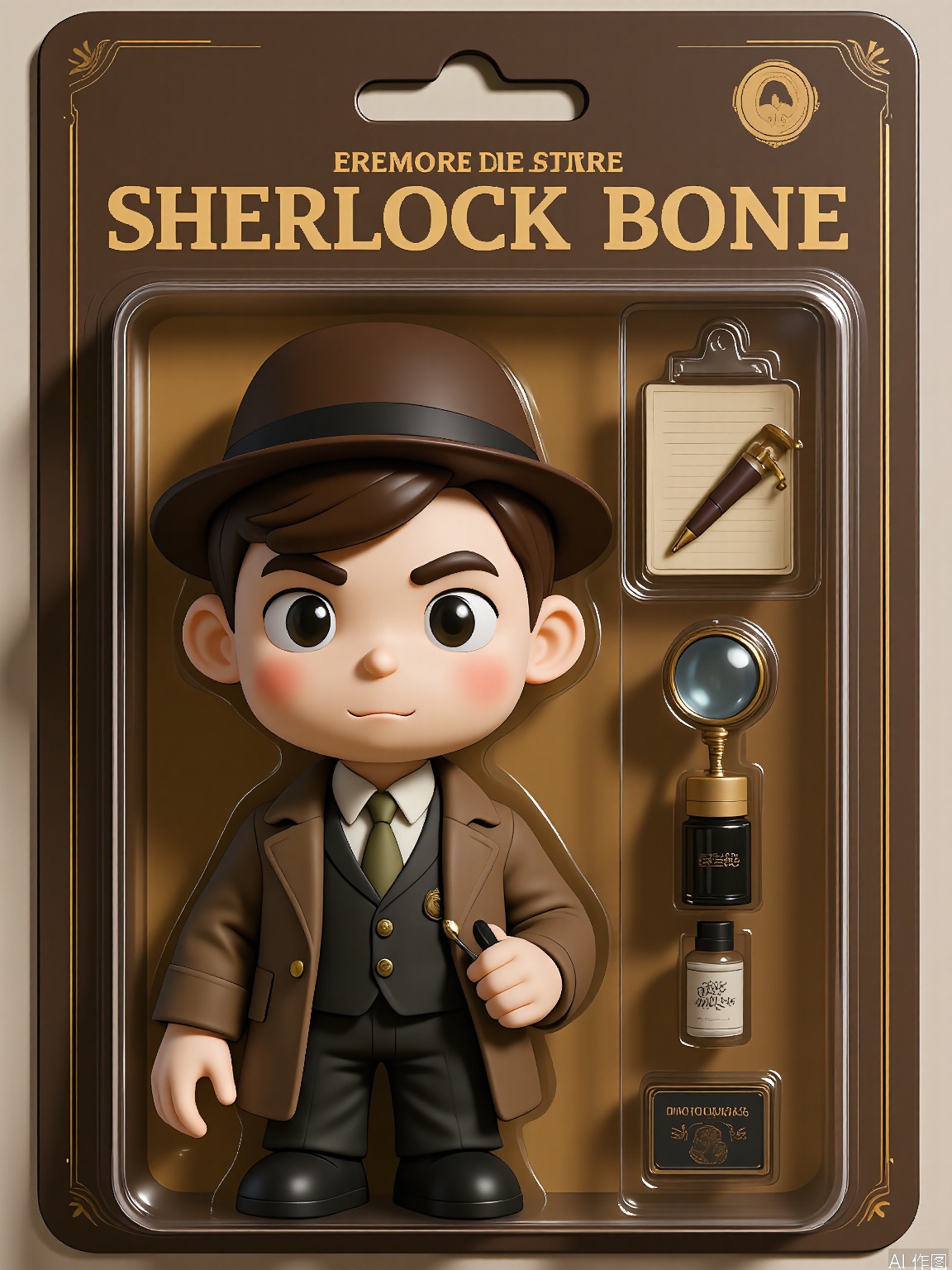 WJSB,
A 3D model of a detective named Sherlock Bones, wrapped in a plastic box. Sherlock had a trench coat, a deerstalker hat, and a magnifying glass. He was holding a case file. The box also contained a fingerprint kit and a small vial of invisible ink. The background is a dimly lit brown and gold surface. The style is sleuthy and mysterious, with an emphasis on the investigative and deductive packaging of the character.
