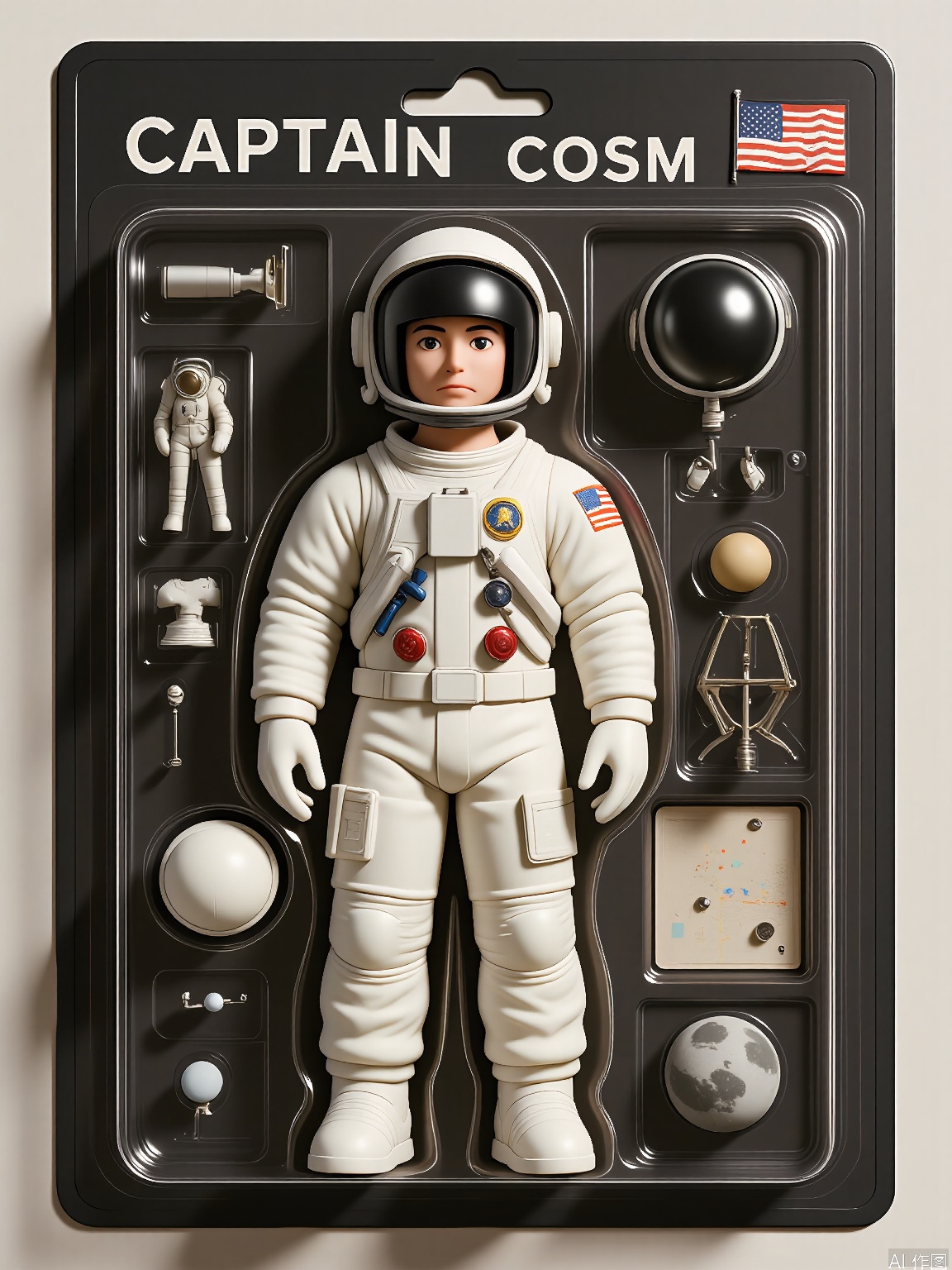 WJSB,
A 3D model of an astronaut named Captain Cosmos, wrapped in a plastic box. Captain Cosmos had a white spacesuit with an American flag patch, a helmet with a visor, and a jetpack. He was holding a lunar module model. The box also contained a map of the moon and a small rock sample. The background is a deep black and silver surface. The style is cosmic and adventurous, with an emphasis on the exploratory and scientific packaging of the character.