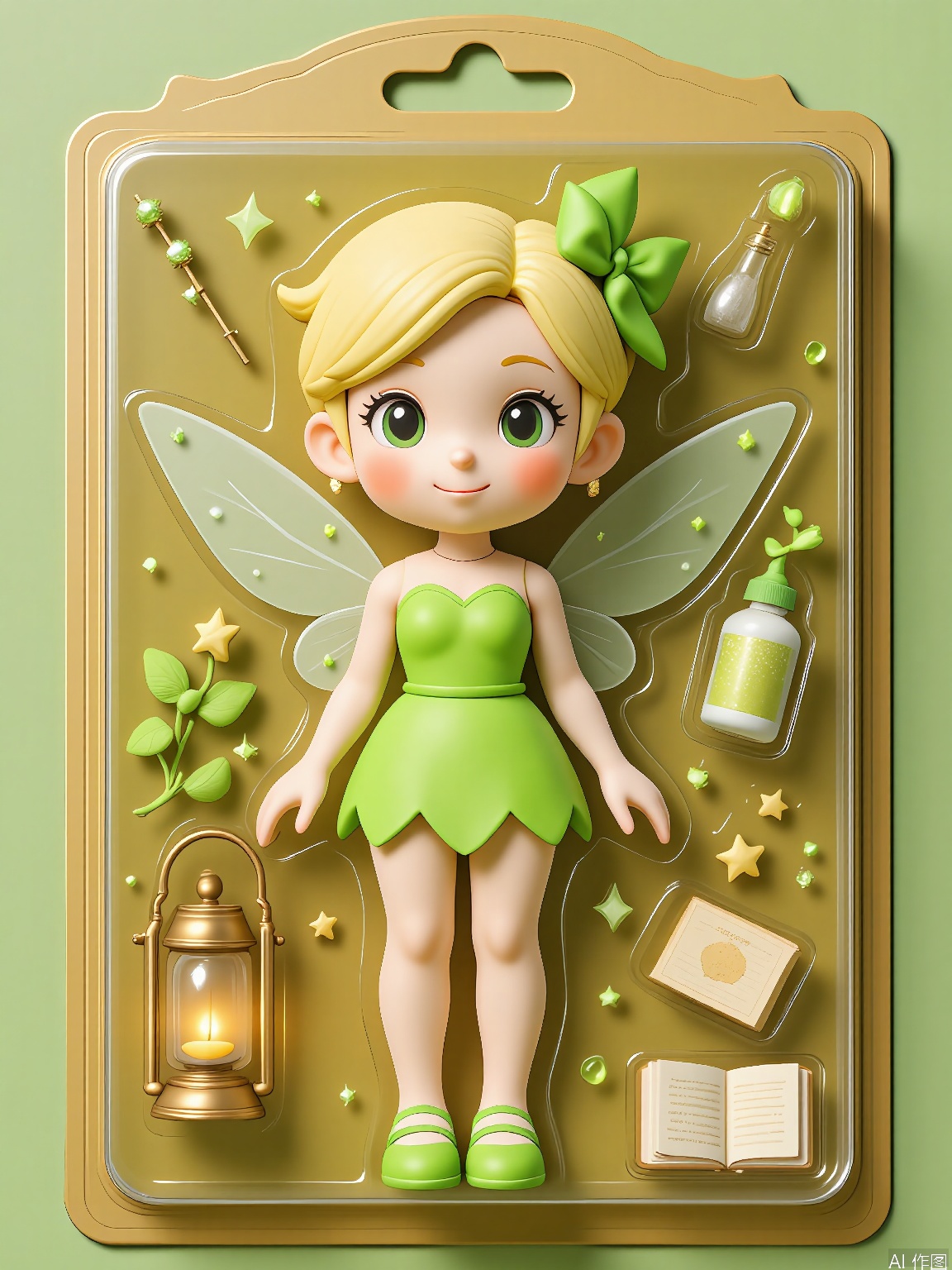 WJSB,
A 3D rendering of a fairy named Tinkerbell Sparkle, wrapped in a plastic box. Tinkerbell had translucent wings, a green dress, and a wand with a star tip. She was holding a tiny lantern. The box also contained a bottle of fairy dust and a small book of spells. The background is a soft green and gold surface. The style is magical and ethereal, with an emphasis on the enchanting and mystical packaging of the character.