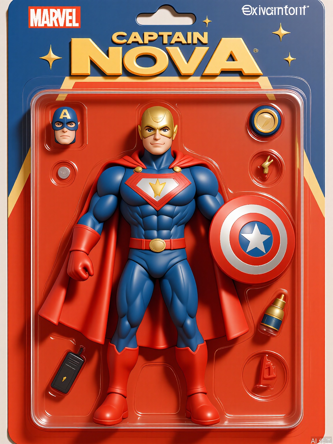 WJSB,
A 3D model of a superhero named Captain Nova, wrapped in a plastic box. Captain Nova had a muscular build, a red and blue suit with a cape, and a golden mask. He was gripping a shield emblazoned with a star. The box also contained a communicator and a small vial of super-serum. The background is a bold red and blue surface. The style is dynamic and heroic, with an emphasis on the powerful and iconic packaging of the character.