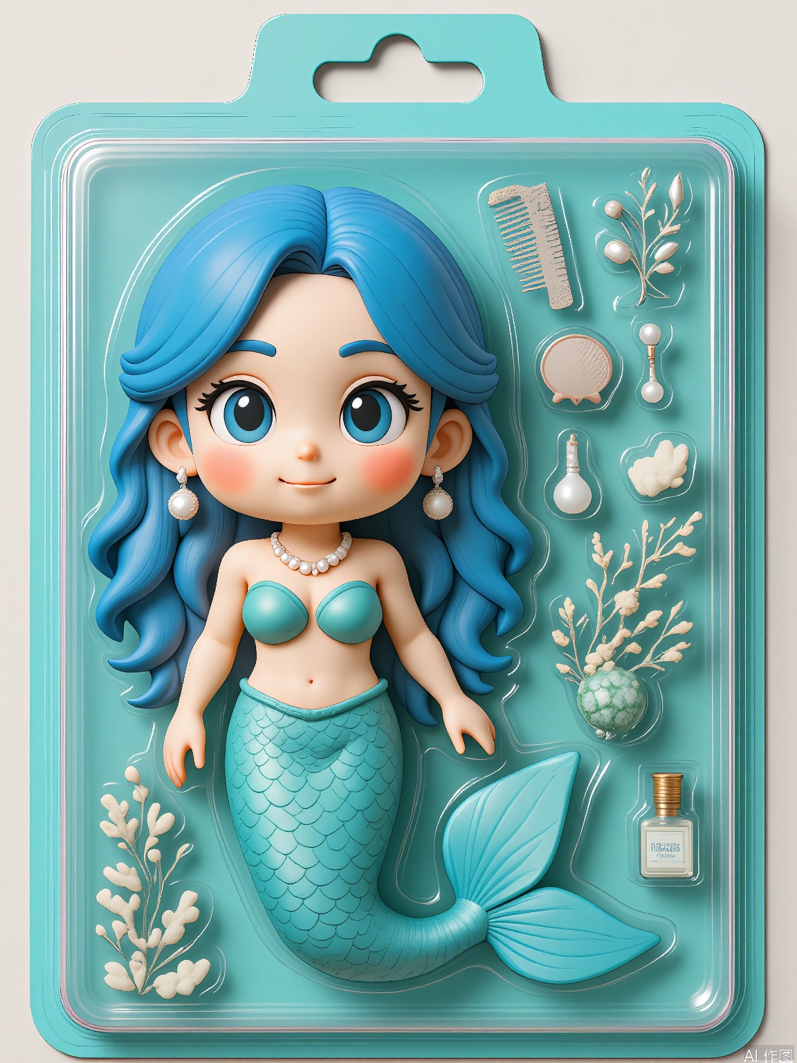 WJSB,
A 3D rendering of a mermaid named Marina Sparkle, wrapped in a plastic box. Marina had long flowing blue hair, a seashell bikini, and a fish-tail skirt. She was holding a pearl necklace. The box also contained a coral comb and a small bottle of mermaid tears. The background is a vibrant turquoise and silver surface. The style is oceanic and mystical, with an emphasis on the enchanting and aquatic packaging of the character.