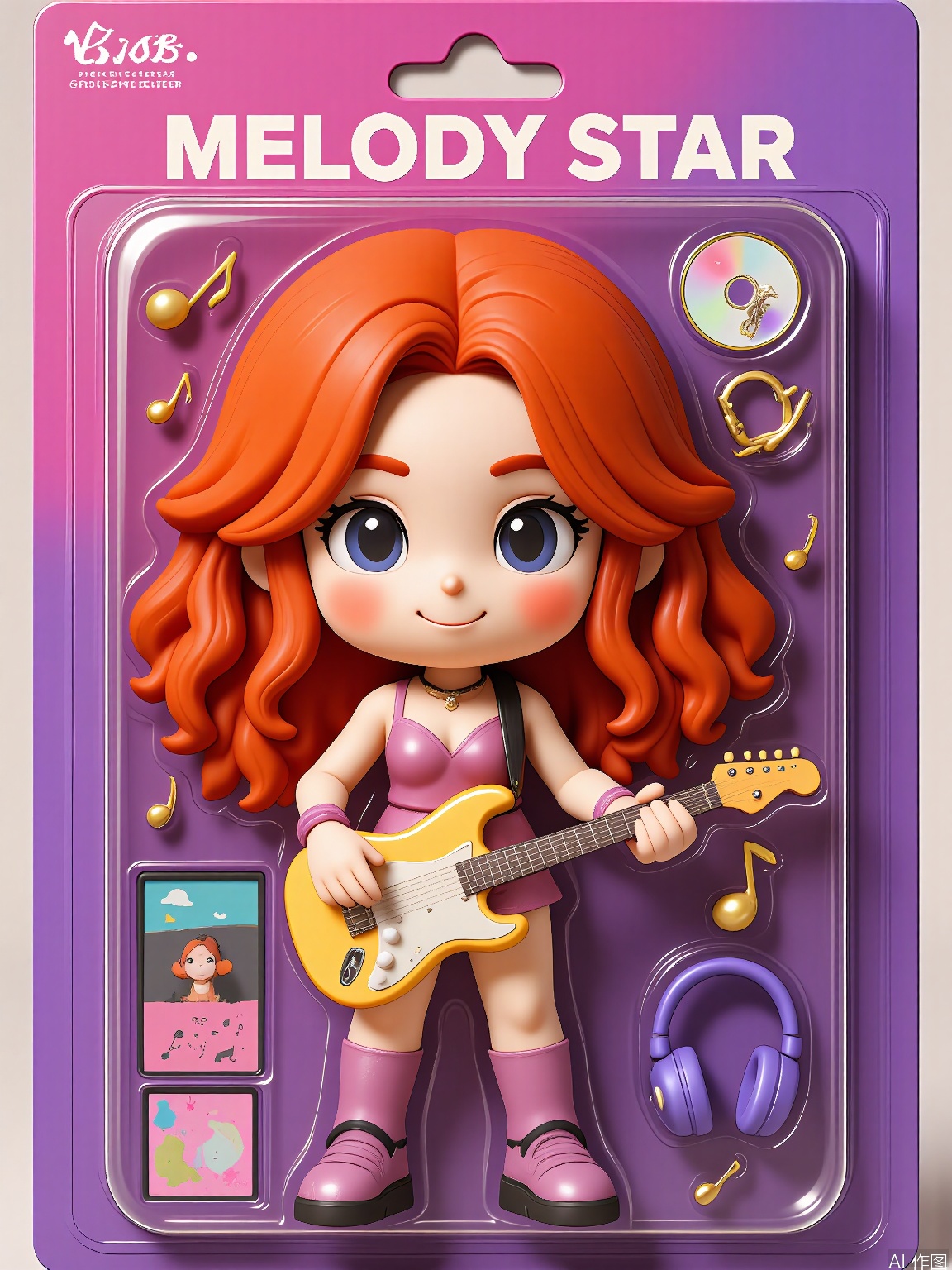 WJSB,
A 3D model of a musician named Melody Star, wrapped in a plastic box. Melody had long curly red hair, a glittery outfit, and was holding a guitar. She was surrounded by musical notes and a set of headphones. The box also contained a CD of her latest album and a small music stand. The background is a vibrant purple and pink surface. The style is musical and energetic, with an emphasis on the rhythmic and harmonious packaging of the character.