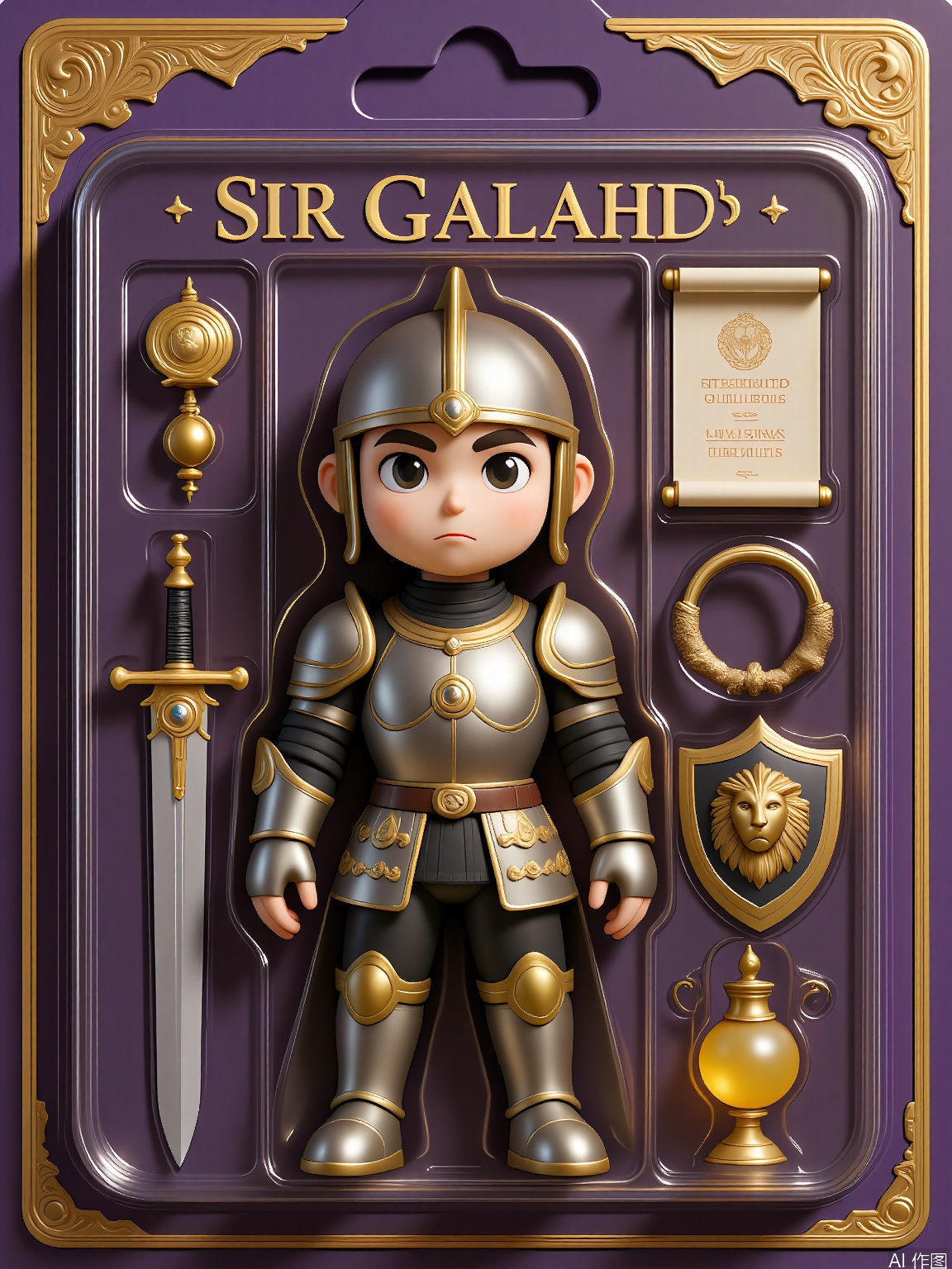 WJSB,
A 3D model of a knight named Sir Galahad, wrapped in a plastic box. Sir Galahad had a suit of armor adorned with a golden crest, a helmet with a visor, and a sword with a jeweled hilt. He was holding a shield emblazoned with a lion. The box also contained a scroll of honor and a vial of holy water. The background is a regal purple and gold surface. The style is noble and chivalrous, with an emphasis on the valiant and heroic packaging of the character.
