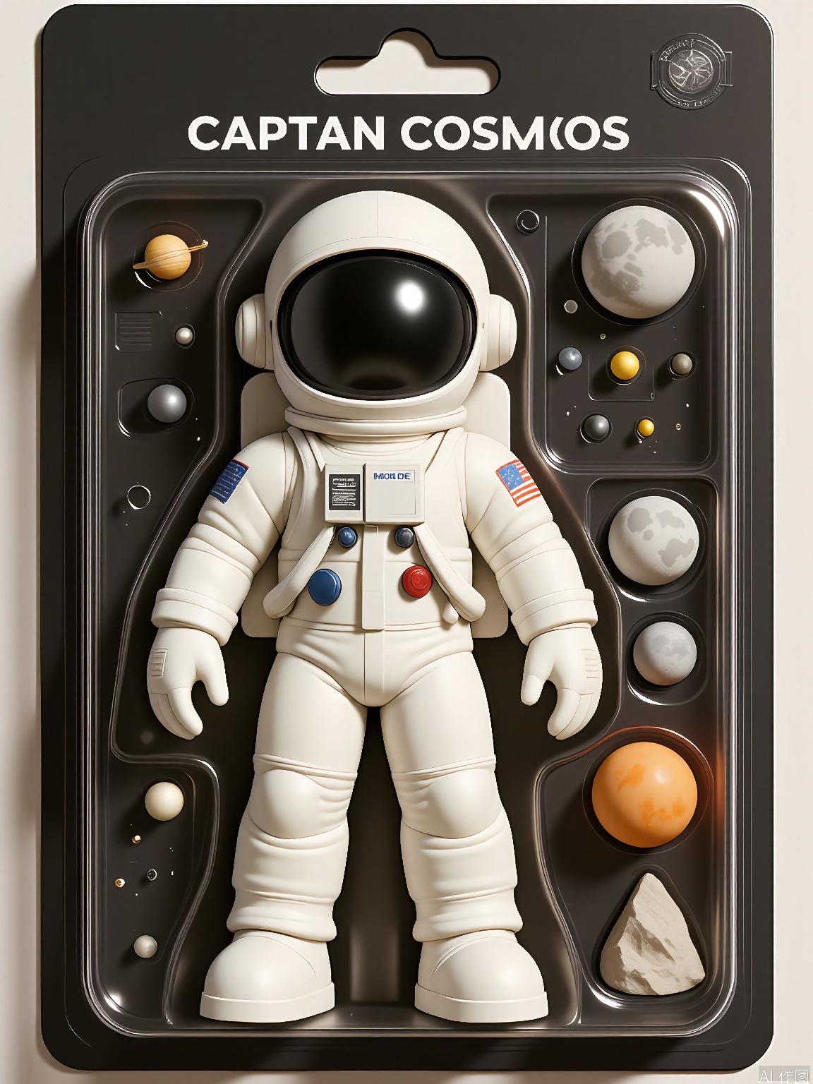 WJSB,
A 3D rendering of an astronaut named Captain Cosmos, wrapped in a plastic box. Captain Cosmos had a sleek white spacesuit with an American flag patch, a helmet with a reflective visor, and a jetpack. He was holding a model of the moon. The box also contained a map of the solar system and a rock sample from Mars. The background is a deep black and silver surface. The style is cosmic and adventurous, with an emphasis on the exploratory and scientific packaging of the character.