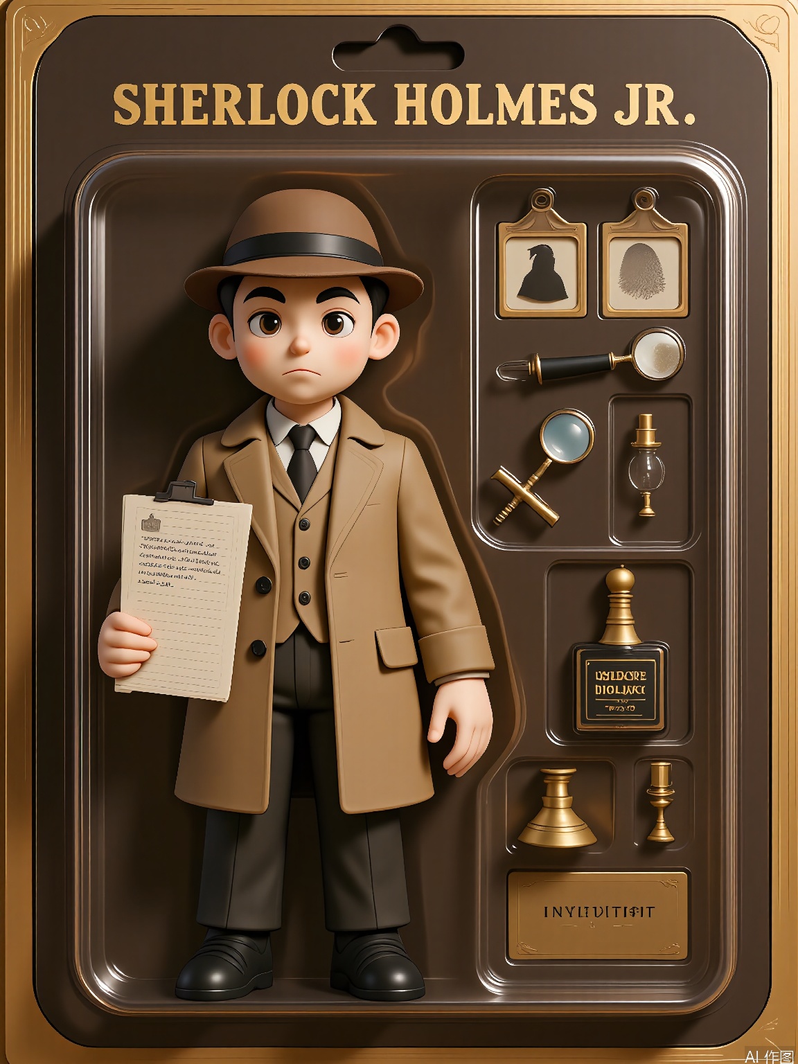 WJSB,
A 3D rendering of a detective named Sherlock Holmes Jr., wrapped in a plastic box. Sherlock had a tweed coat, a deerstalker hat, and a magnifying glass. He was holding a case file with a mysterious clue. The box also contained a fingerprint kit and a vial of invisible ink. The background is a dimly lit brown and gold surface. The style is sleuthy and mysterious, with an emphasis on the investigative and deductive packaging of the character.