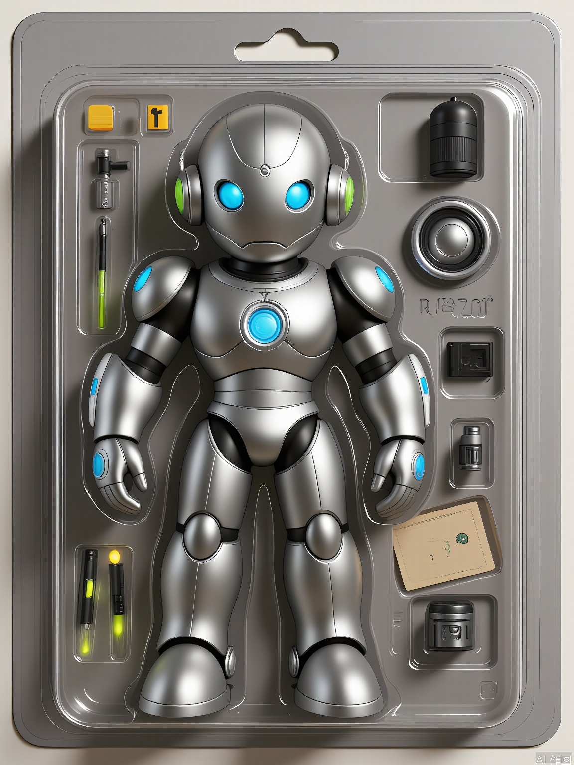 WJSB,
A 3D rendered figure of a robot named Bolt-9000, wrapped in a plastic box. The robot had a sleek silver body with blue LED lights and was equipped with a jetpack and a laser blaster. It was holding a holographic map. The box also contained a power cell and a set of spare parts. The background is a futuristic metallic gray surface. The style is sleek and modern, with an emphasis on the technological and functional packaging of the character.