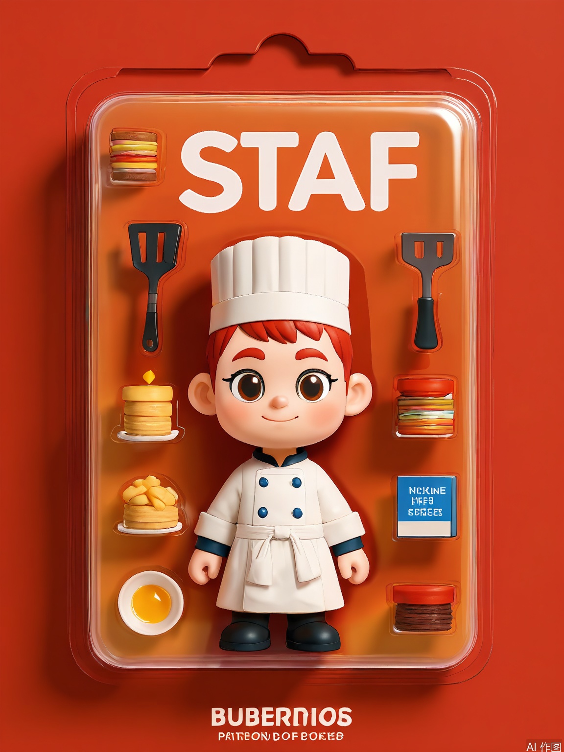 WJSB, A 3D rendering of a chef named Chef Gourmet, wrapped in a plastic box. Chef Gourmet had a tall white hat, a chef's coat, and was holding a spatula. He was surrounded by miniature cooking utensils. The box also contained a cookbook and a set of spices. The background is a warm red and gold surface. The style is culinary and inviting, with an emphasis on the delicious and appetizing packaging of the character.
