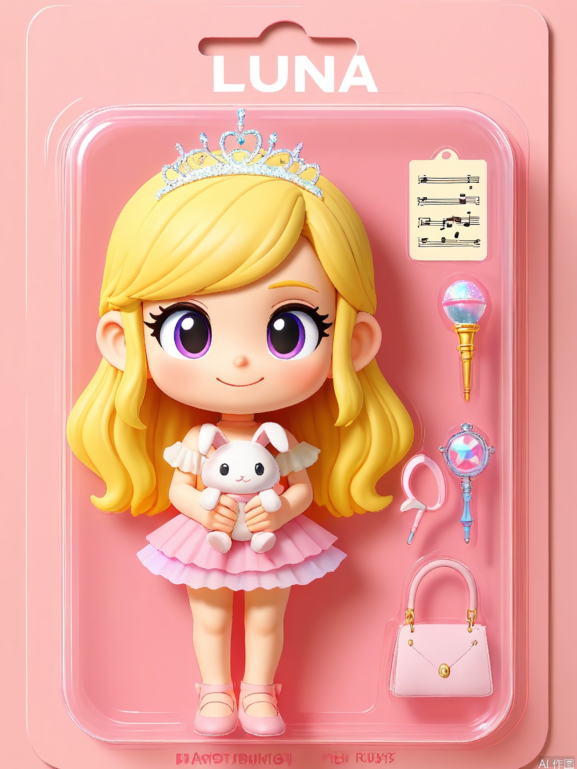 WJSB, A 3D rendered statue of a young girl named Luna Starlight, wrapped in a plastic box. The girl had long blonde hair and was wearing a pink tutu, a sparkly tiara, and white ballet slippers. She was clutching a stuffed bunny rabbit. The box also contained a glittery wand and a small music box. The background is a soft pastel pink surface. The style is whimsical and cartoonish, with an emphasis on the dreamy and enchanting packaging of the character.

