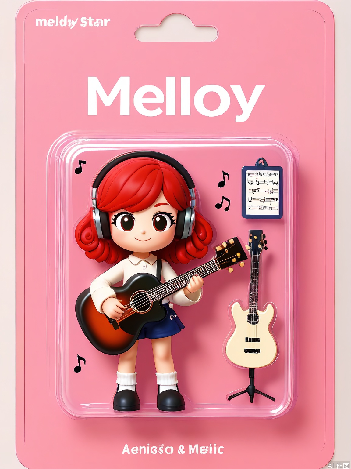 WJSB, A 3D model of a musician named Melody Star, wrapped in a plastic box. Melody had long curly red hair, a glittery outfit, and was holding a guitar. She was surrounded by musical notes and a set of headphones. The box also contained a CD of her latest album and a small music stand. The background is a vibrant purple and pink surface. The style is musical and energetic, with an emphasis on the rhythmic and harmonious packaging of the character.
