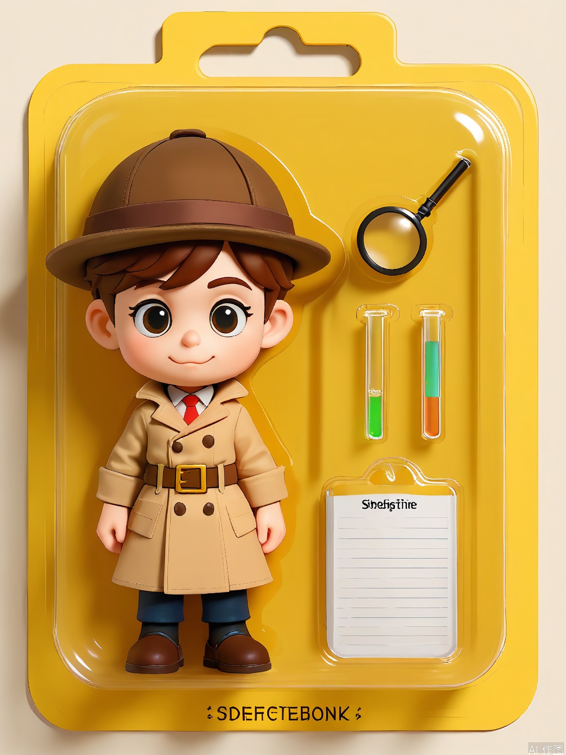 WJSB, A 3D model of a detective named Sherlock Bones, wrapped in a plastic box. Sherlock had a trench coat, a deerstalker hat, and a magnifying glass. He was holding a case file. The box also contained a fingerprint kit and a small vial of invisible ink. The background is a dimly lit brown and gold surface. The style is sleuthy and mysterious, with an emphasis on the investigative and deductive packaging of the character.
