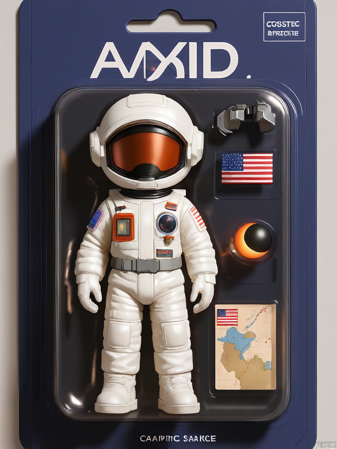 WJSB, A 3D rendering of an astronaut named Captain Cosmos, wrapped in a plastic box. Captain Cosmos had a sleek white spacesuit with an American flag patch, a helmet with a reflective visor, and a jetpack. He was holding a model of the moon. The box also contained a map of the solar system and a rock sample from Mars. The background is a deep black and silver surface. The style is cosmic and adventurous, with an emphasis on the exploratory and scientific packaging of the character.
