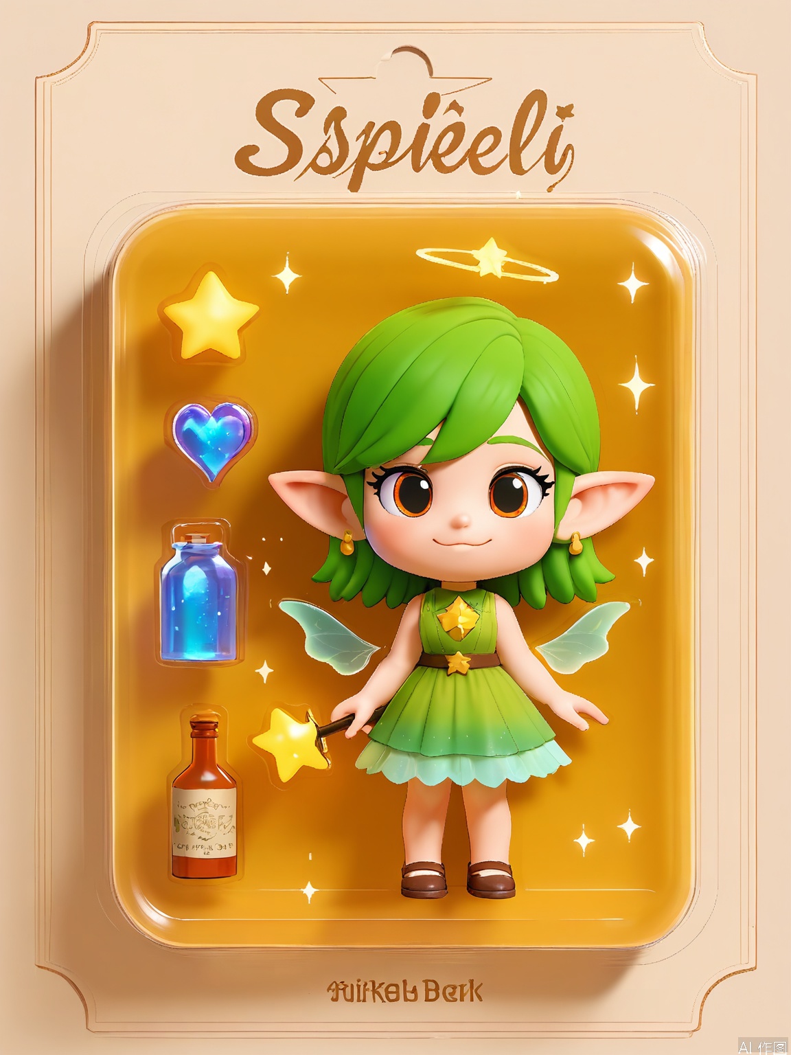 WJSB, A 3D rendering of a fairy named Tinkerbell Sparkle, wrapped in a plastic box. Tinkerbell had translucent wings, a green dress, and a wand with a star tip. She was holding a tiny lantern. The box also contained a bottle of fairy dust and a small book of spells. The background is a soft green and gold surface. The style is magical and ethereal, with an emphasis on the enchanting and mystical packaging of the character.

