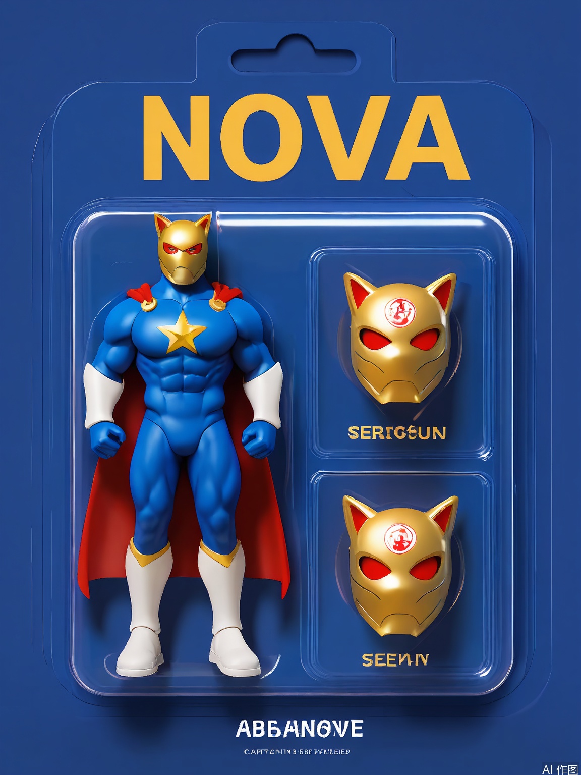 WJSB, A 3D model of a superhero named Captain Nova, wrapped in a plastic box. Captain Nova had a muscular build, a red and blue suit with a cape, and a golden mask. He was gripping a shield emblazoned with a star. The box also contained a communicator and a small vial of super-serum. The background is a bold red and blue surface. The style is dynamic and heroic, with an emphasis on the powerful and iconic packaging of the character.
