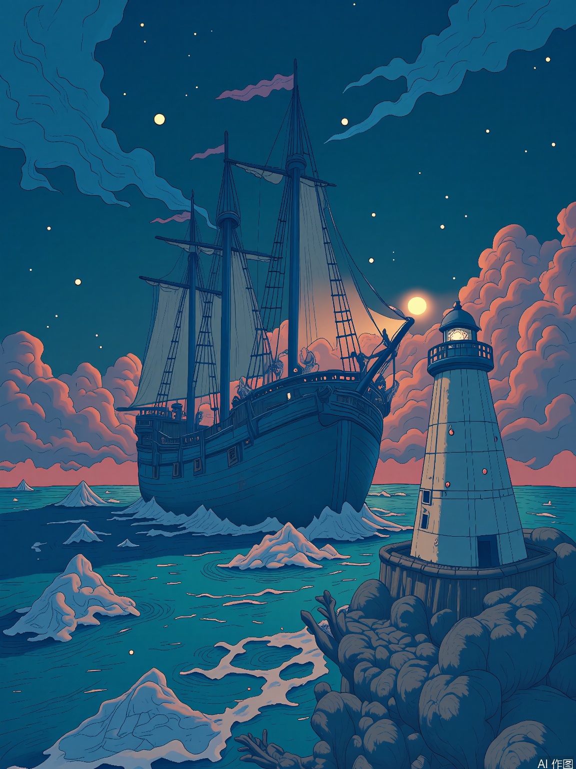 CXS, 
A haunting digital illustration featuring a ghost ship with sails that billow like shadows and a crew of lost souls, sailing through a misty sea in the foreground, while approaching a lighthouse that emits a beam of light that can either guide or destroy. The ship’s hull groans with the wind, and the sea is filled with fog, icebergs, and the whispers of the damned. The background is a sky filled with storm clouds, a dim moon, and a horizon where the sea meets the unknown. The style is eerie and atmospheric, invoking a sense of danger and the supernatural.
