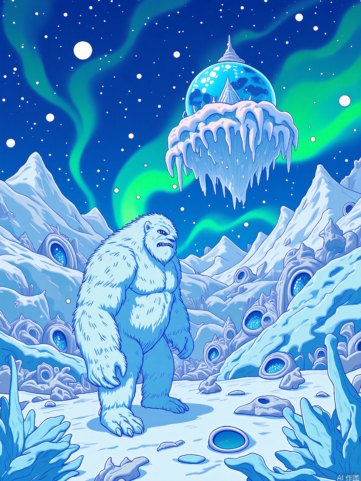 CXS, 
A whimsical digital illustration showcasing a yeti with snow-white fur and glowing blue eyes, standing on a glacier in the foreground, while peering at a floating ice palace in the distance. The yeti’s massive paws leave imprints in the snow, and its surroundings are filled with icy pinnacles, frost spirits, and polar bears. The background transitions into a winter wonderland of auroras, ice caves, and a sky where the moon and stars dance in a waltz. The style is frosty and magical, brimming with the quiet beauty of the Arctic.
