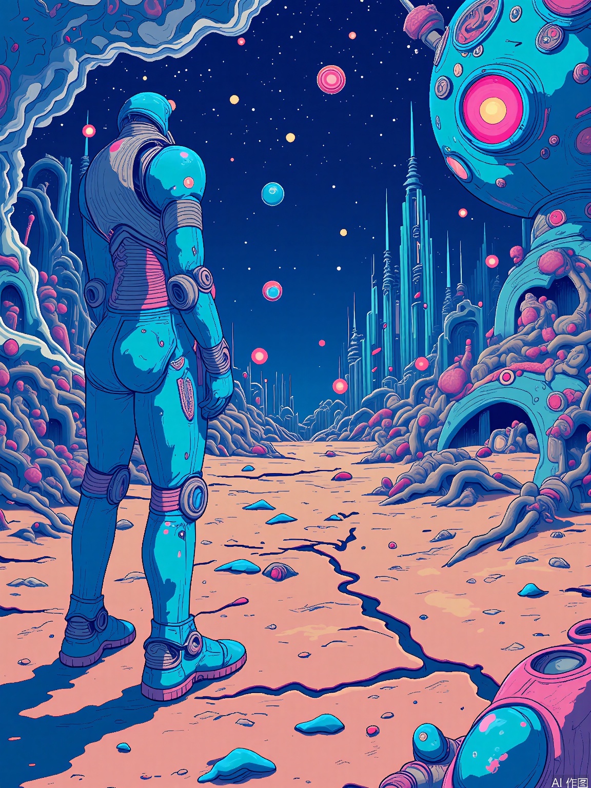CXS, 
A breathtaking digital illustration depicting a robot with a polished chrome body and neon blue accents, standing on a desolate, cracked planet surface in the foreground, while gazing at a colossal, mechanical city in the distance. The robot’s eyes glow with a soft, inner light, and its surroundings are littered with debris and the remnants of past civilizations. The background is dominated by towering skyscrapers that twist and turn like ribbons, powered by glowing energy cores. The style is futuristic and dystopian, blending despair with a glimmer of hope.
