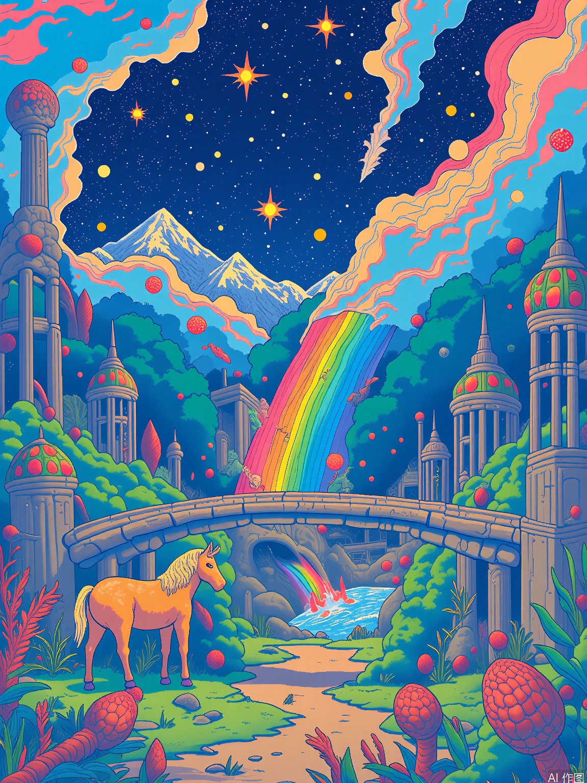 CXS, 
An enchanting digital illustration featuring a centaur with a golden mane and a coat that shifts between forest green and autumn brown, galloping through a meadow in the foreground, while staring at a bridge made of rainbows that leads to a celestial mountain range. The centaur’s hooves leave trails of glowing flowers, and the meadow is dotted with mythical beasts and ancient ruins. The background reveals a sky filled with floating castles, comets, and constellations that form the shapes of forgotten gods. The style is epic and surreal, invoking a sense of grandeur and adventure.

