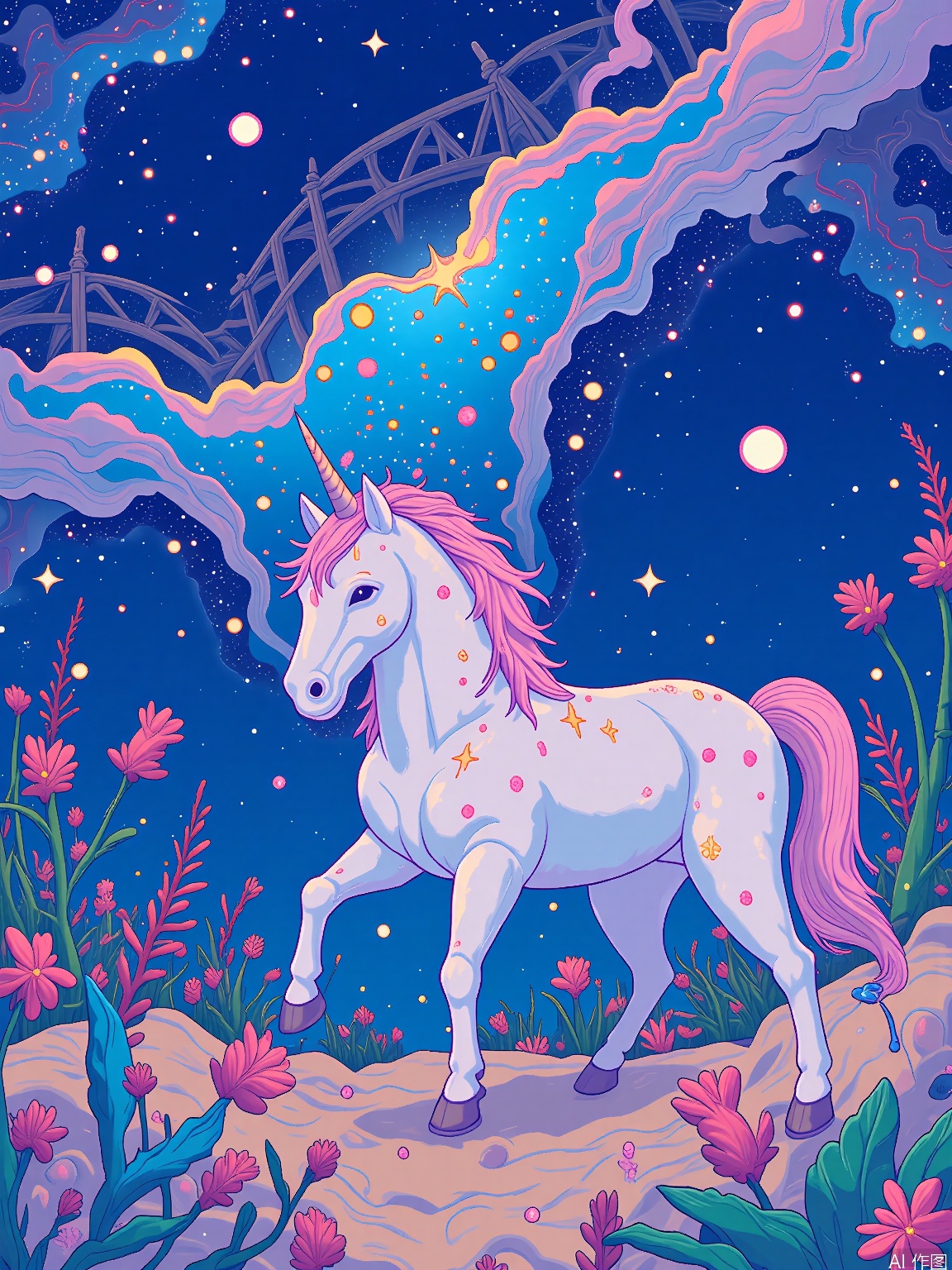 CXS, 
A dreamy digital illustration showcasing a unicorn with a mane made of starlight and a horn that emits a soft, celestial glow, prancing through a meadow of floating flowers in the foreground, while looking up at a bridge made of constellations that leads to a realm of eternal twilight. The unicorn’s hooves leave trails of sparkles, and the meadow is filled with fireflies, dewdrops, and tiny fairies. The background transitions into a sky filled with nebulae, shooting stars, and a moon that changes color with the seasons. The style is ethereal and romantic, evoking a sense of peace and magic.
