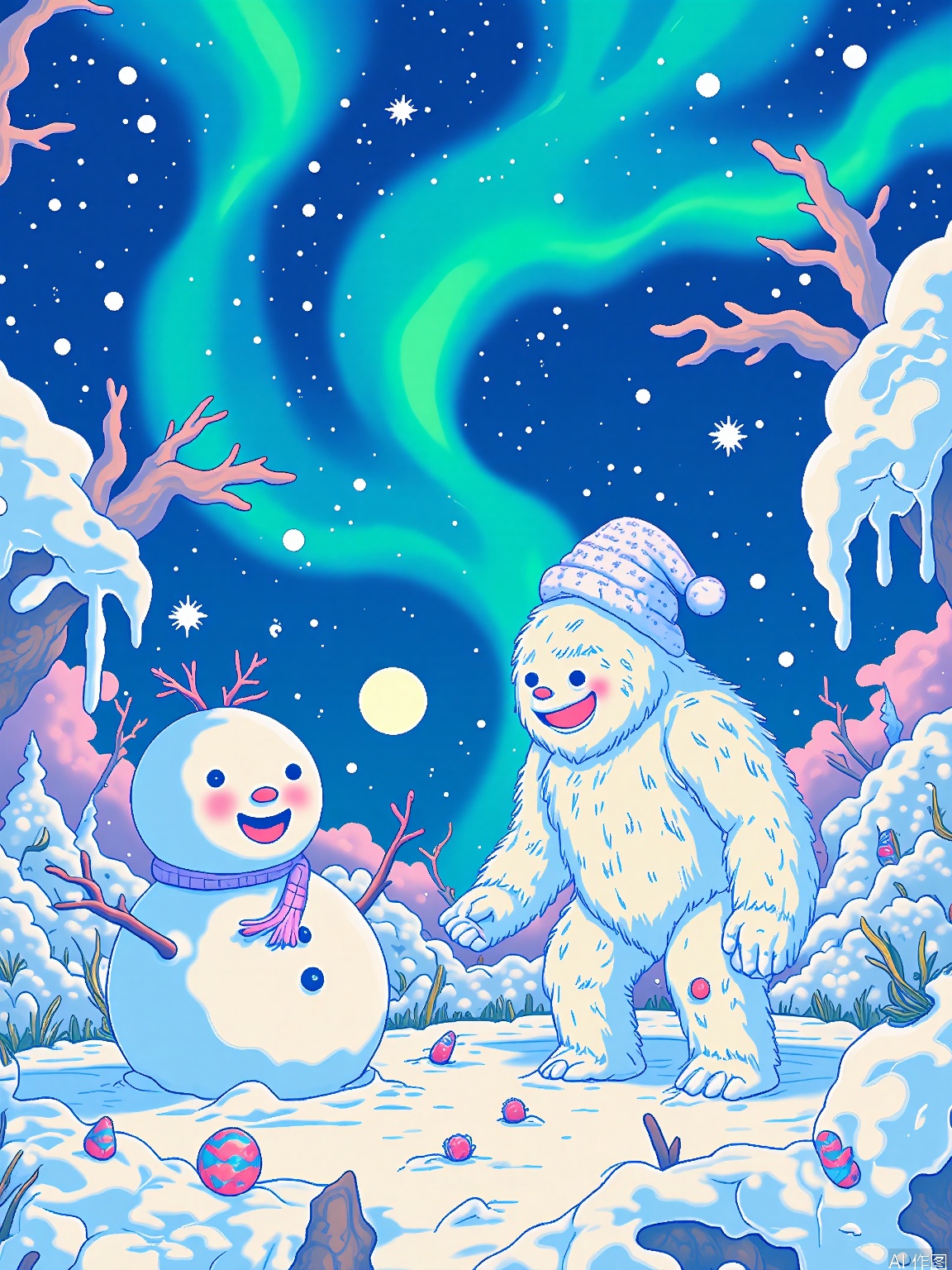 CXS, 
A whimsical digital illustration showcasing a yeti with a heart made of ice and a laugh that can melt snow, playing in a winter wonderland in the foreground, while building a snowman that comes to life. The yeti’s joy is contagious, and the wonderland is filled with snowflakes, icicles, and the magic of friendship. The background is a sky filled with the northern lights, a full moon, and a world where imagination knows no bounds. The style is lighthearted and enchanting, evoking a sense of wonder and joy.
