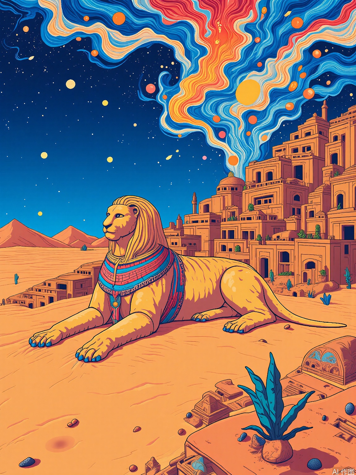 CXS, 
A surreal digital illustration featuring a sphinx with a body of sand and a face that shifts between human and lion, resting on a desert dune in the foreground, while contemplating a city carved into the cliffs in the distance. The sphinx’s eyes hold the wisdom of ages, and the desert is dotted with mirages, oases, and caravans of travelers. The background reveals a sky filled with swirling sandstorms, shooting stars, and a sun that never sets. The style is ancient and mystical, invoking a sense of timelessness and mystery.
