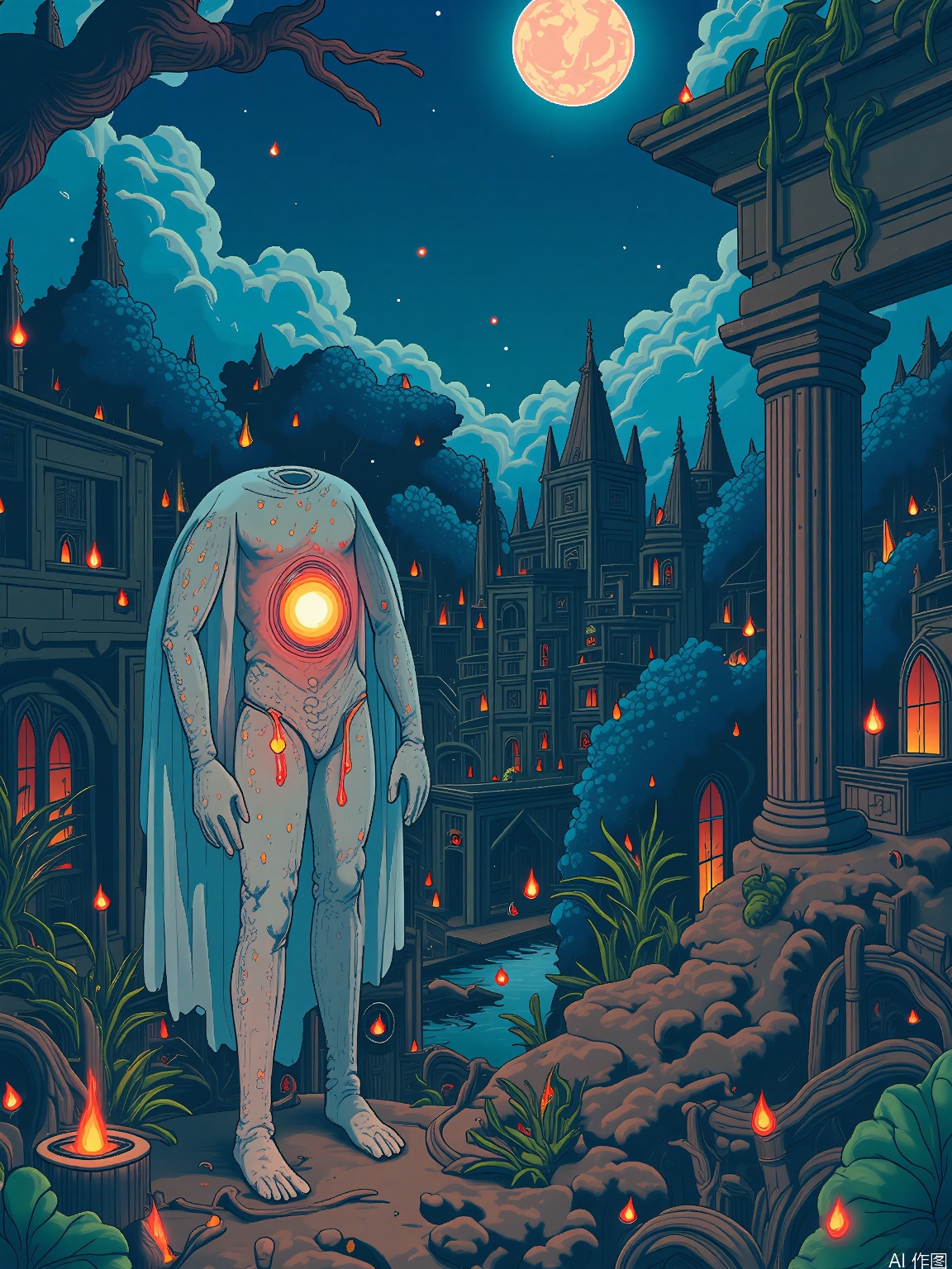 CXS, 
A haunting digital illustration featuring a ghost with a translucent body and eyes that burn like embers, floating through a ruins in the foreground, while gazing at a city of spirits in the distance. The ghost’s form flickers like a candle flame, and the ruins are overgrown with vines, moss, and the echoes of forgotten voices. The background is a sky filled with mist, wailing winds, and a moon that casts an eerie glow over the land. The style is gothic and melancholic, invoking a sense of loss and longing.
