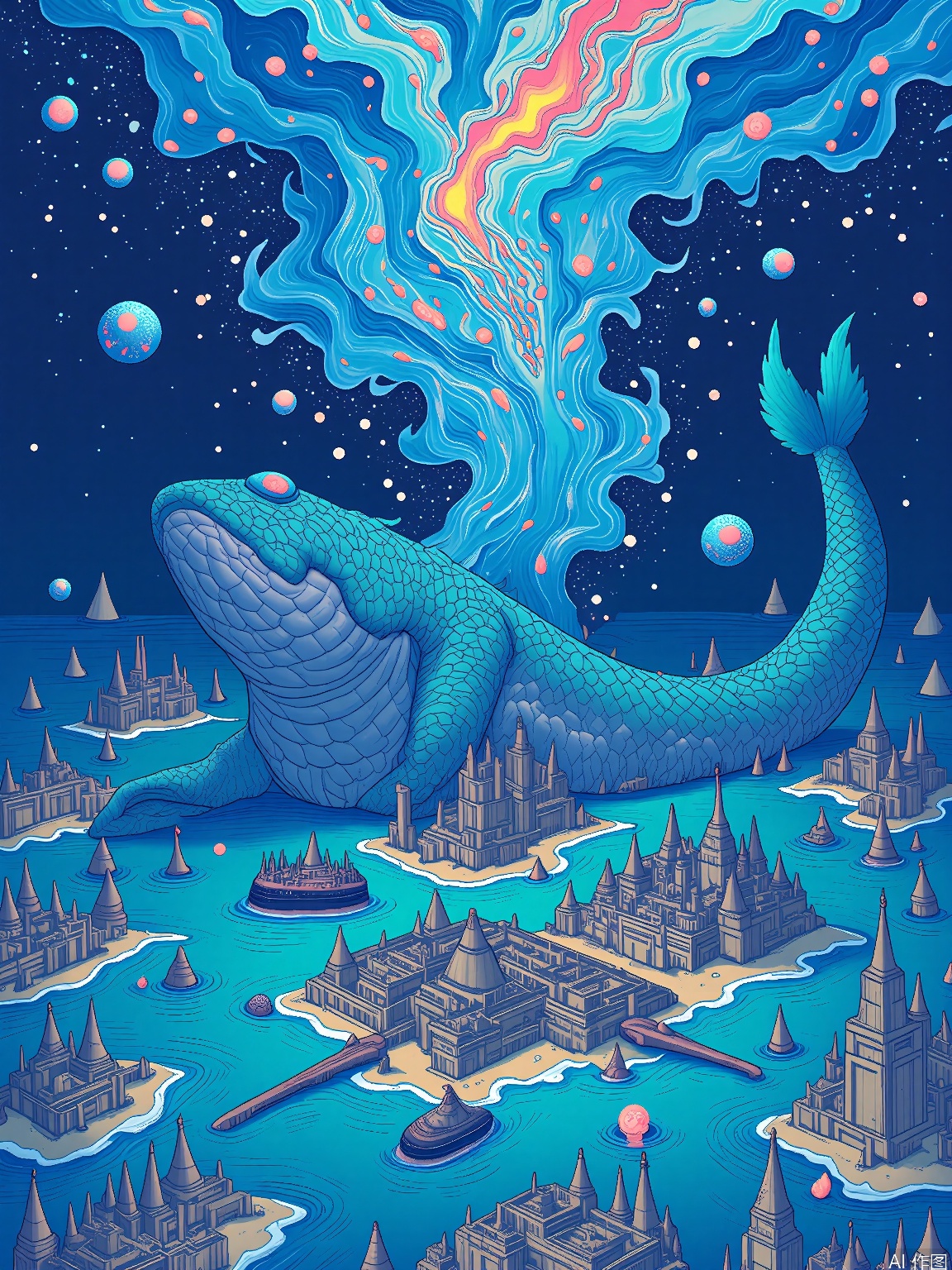 CXS, 
A mesmerizing digital illustration featuring a leviathan with scales that shimmer like liquid metal and eyes that glow like furnaces, coiling around a submerged ancient city in the foreground, while gazing at a portal to the elemental plane of water above. The leviathan’s body undulates with the currents, and the city is filled with coral spires, sunken ships, and the whispers of forgotten civilizations. The background transitions into a realm of swirling currents, bioluminescent sea creatures, and a sky where the ocean meets the cosmos. The style is primal and otherworldly, evoking a sense of the deep and the unknown.
