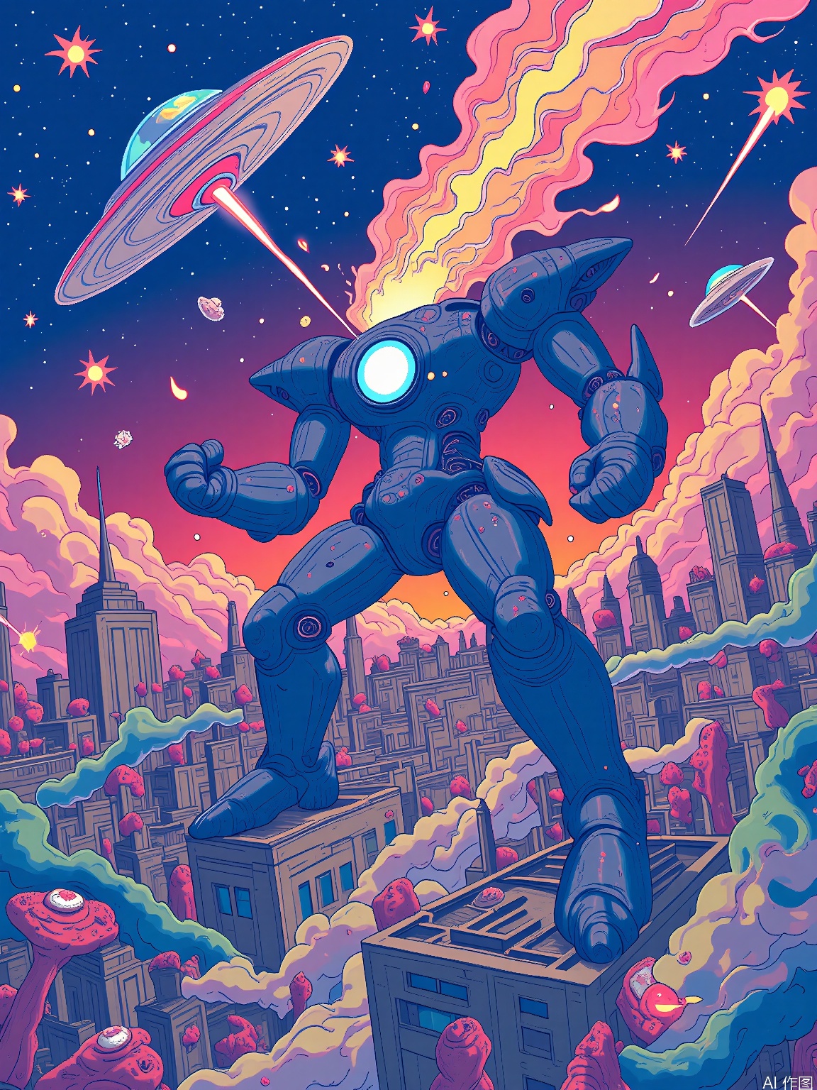 CXS, 
An epic digital illustration featuring a giant robot with a body made of obsidian and eyes that emit a beam of pure energy, standing atop a crumbling skyscraper in the foreground, while looking down at a city besieged by alien invaders. The robot’s fists clench with determination, and its surroundings are filled with debris, smoke, and the sounds of battle. The background is a sky filled with flying saucers, laser beams, and a sun that is blotted out by the chaos of war. The style is heroic and intense, invoking a sense of courage and sacrifice.
