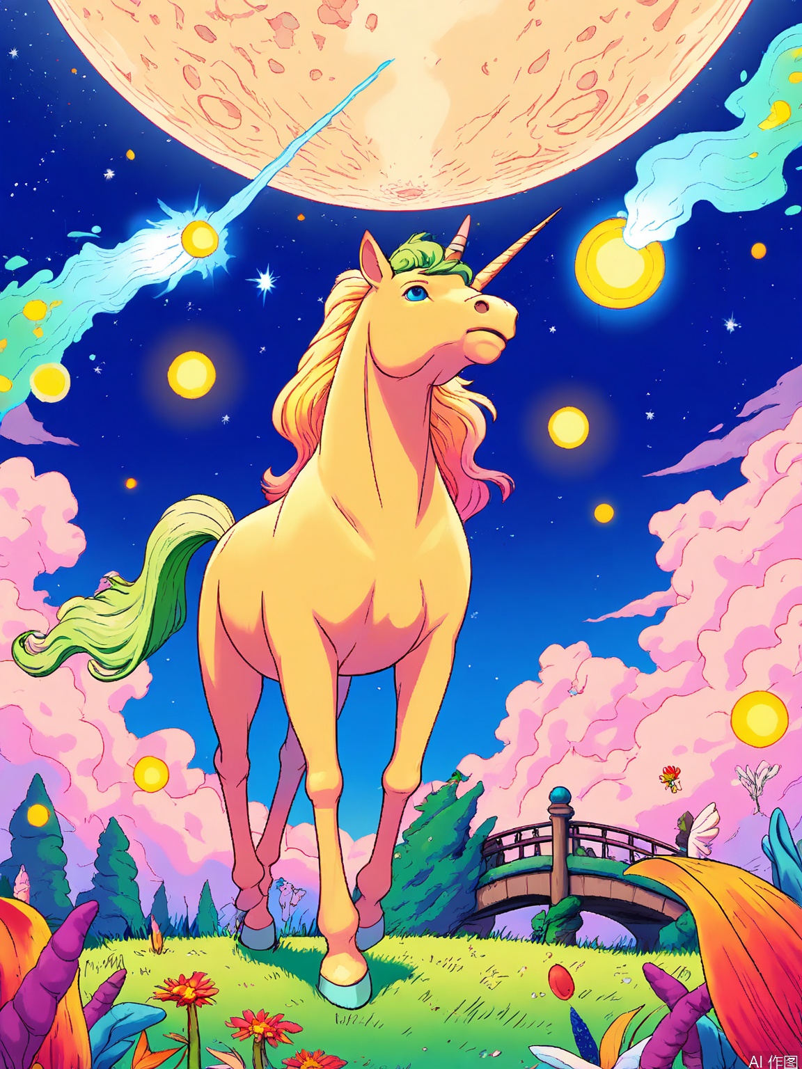 CXS, A dreamy digital illustration showcasing a unicorn with a mane made of starlight and a horn that emits a soft, celestial glow, prancing through a meadow of floating flowers in the foreground, while looking up at a bridge made of constellations that leads to a realm of eternal twilight. The unicorn’s hooves leave trails of sparkles, and the meadow is filled with fireflies, dewdrops, and tiny fairies. The background transitions into a sky filled with nebulae, shooting stars, and a moon that changes color with the seasons. The style is ethereal and romantic, evoking a sense of peace and magic.
