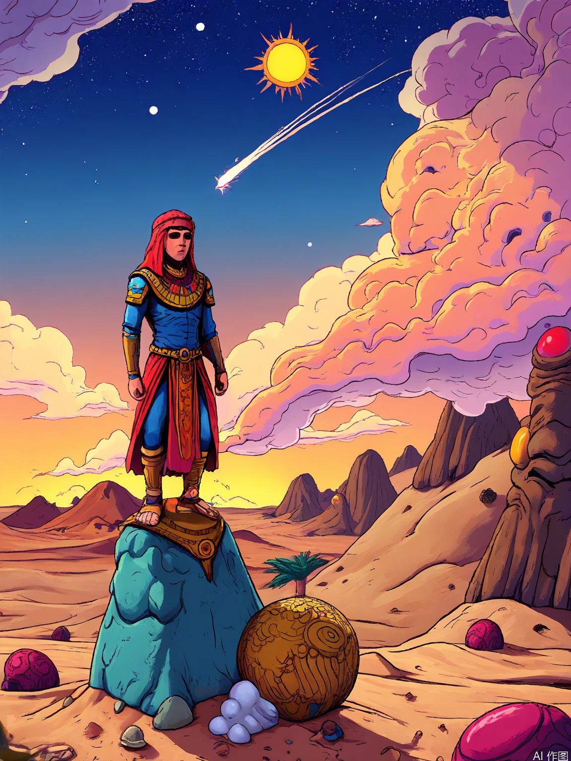 CXS, A surreal digital illustration featuring a sphinx with a body of sand and a face that shifts between human and lion, resting on a desert dune in the foreground, while contemplating a city carved into the cliffs in the distance. The sphinx’s eyes hold the wisdom of ages, and the desert is dotted with mirages, oases, and caravans of travelers. The background reveals a sky filled with swirling sandstorms, shooting stars, and a sun that never sets. The style is ancient and mystical, invoking a sense of timelessness and mystery.
