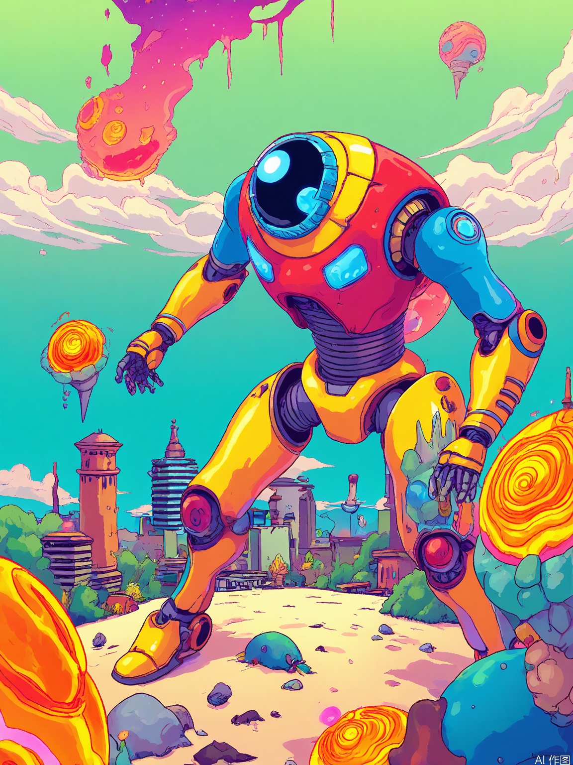 CXS, A breathtaking digital illustration depicting a robot with a polished chrome body and neon blue accents, standing on a desolate, cracked planet surface in the foreground, while gazing at a colossal, mechanical city in the distance. The robot’s eyes glow with a soft, inner light, and its surroundings are littered with debris and the remnants of past civilizations. The background is dominated by towering skyscrapers that twist and turn like ribbons, powered by glowing energy cores. The style is futuristic and dystopian, blending despair with a glimmer of hope.

