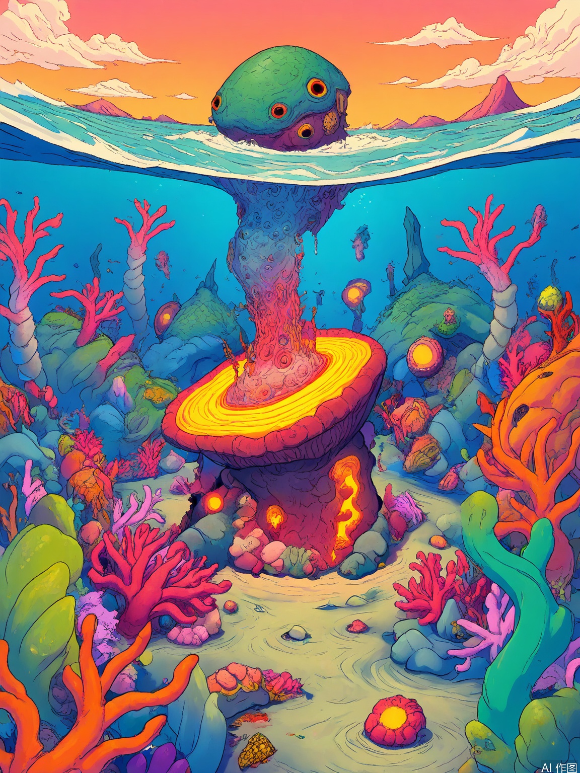 CXS, A mesmerizing digital illustration featuring a leviathan with scales that shimmer like liquid metal and eyes that glow like furnaces, coiling around a submerged ancient city in the foreground, while gazing at a portal to the elemental plane of water above. The leviathan’s body undulates with the currents, and the city is filled with coral spires, sunken ships, and the whispers of forgotten civilizations. The background transitions into a realm of swirling currents, bioluminescent sea creatures, and a sky where the ocean meets the cosmos. The style is primal and otherworldly, evoking a sense of the deep and the unknown.
