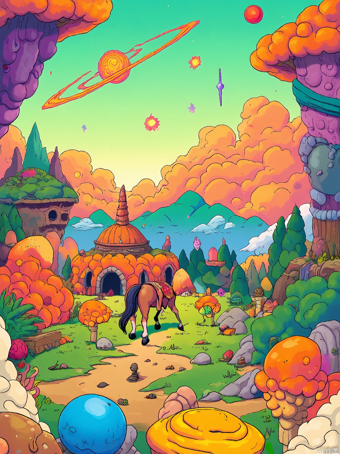 CXS, An enchanting digital illustration featuring a centaur with a golden mane and a coat that shifts between forest green and autumn brown, galloping through a meadow in the foreground, while staring at a bridge made of rainbows that leads to a celestial mountain range. The centaur’s hooves leave trails of glowing flowers, and the meadow is dotted with mythical beasts and ancient ruins. The background reveals a sky filled with floating castles, comets, and constellations that form the shapes of forgotten gods. The style is epic and surreal, invoking a sense of grandeur and adventure.
