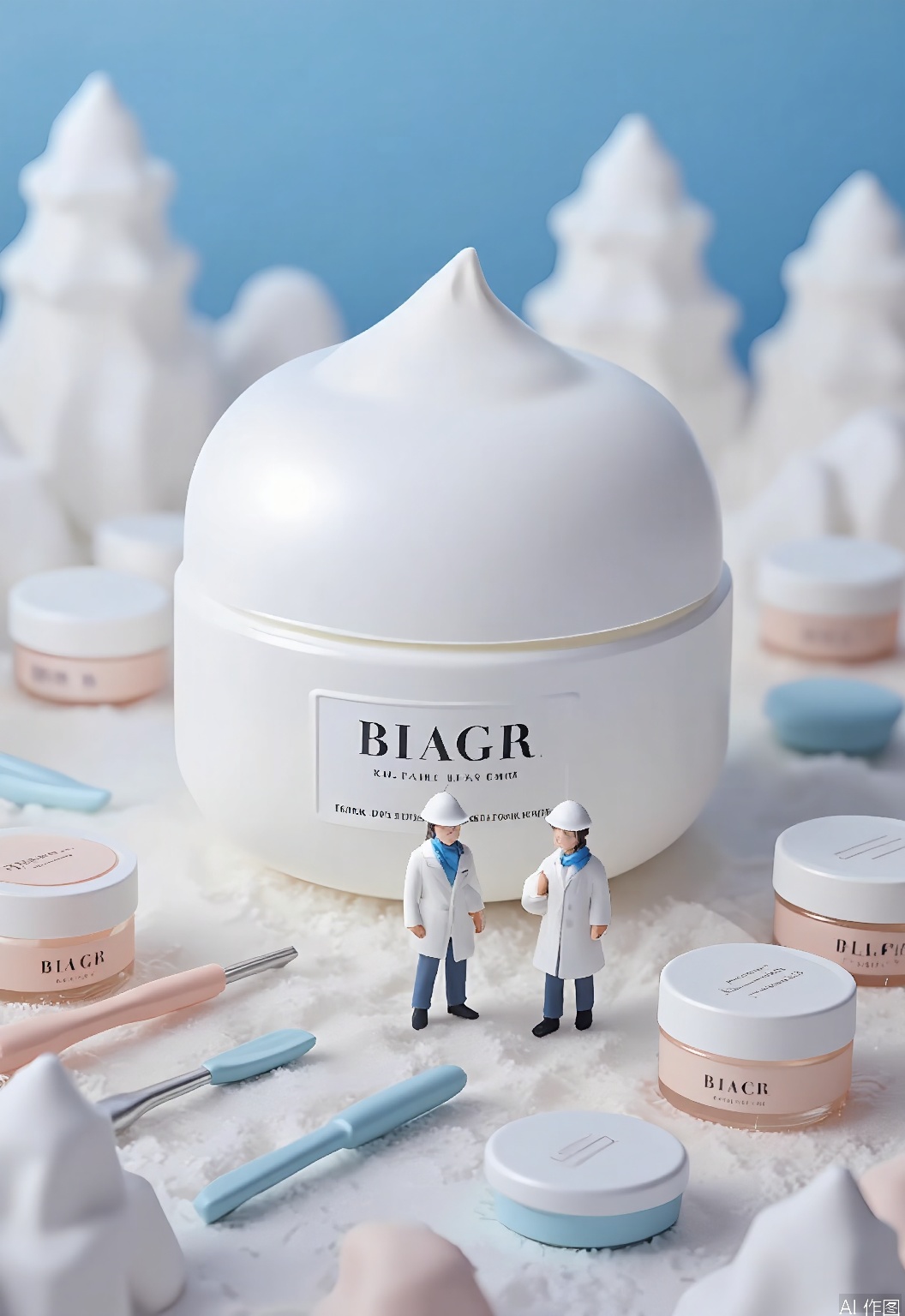 WSCJ, A photograph of a whimsical, surreal micro - e - commerce scene. Huge, round, cartoon - like face creams are at the forefront, with two little, doll - like storekeepers in white coats and blue scarves standing nearby. The area is surrounded by miniature skincare tools and jars of moisturizer. The background shows a winter wonderland with snow made of face powder and ice castles made of compact cases. The tilted view makes it playful. Soft, snowy - like lighting creates a cozy and magical atmosphere. The mood is pure and fantastical.
