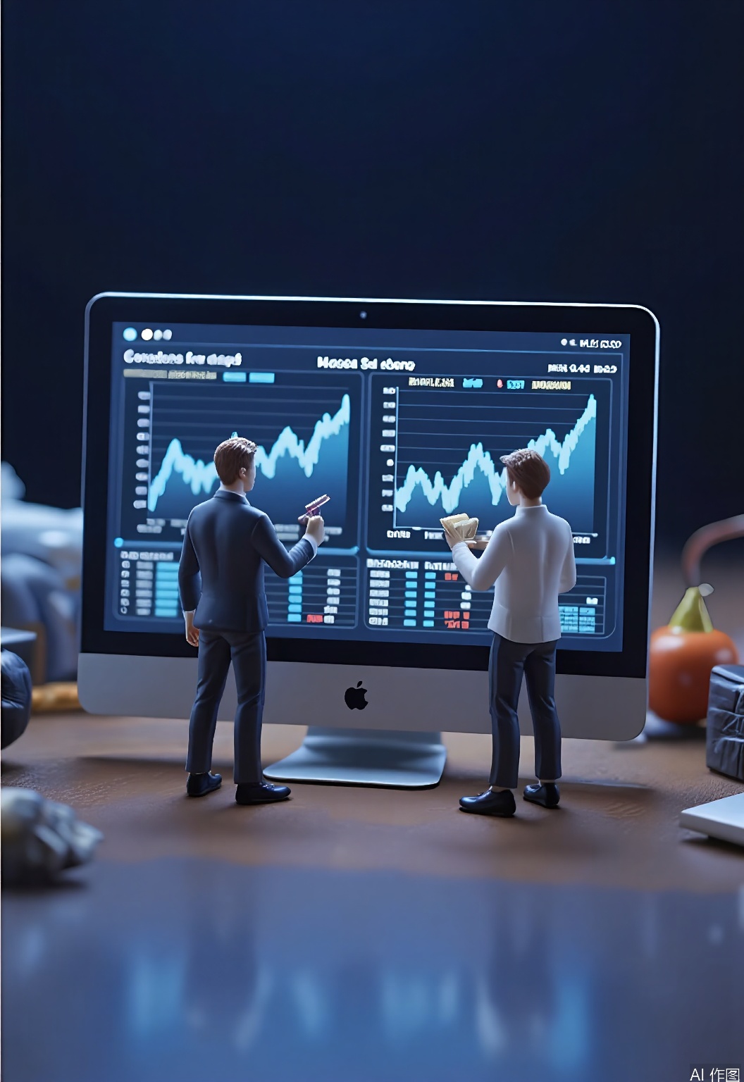 WSCJ, Photograph of a miniature e-commerce data analytics center with tiny figurines of analysts looking at charts and graphs on large screens. The figurines are focused and analytical, and the screens display complex data visualizations. The background is a dark blue, creating a professional and high-tech atmosphere. The lighting is bright, with a slight glow from the screens. The overall mood is data-driven and strategic, capturing the importance of analytics in e-commerce.
