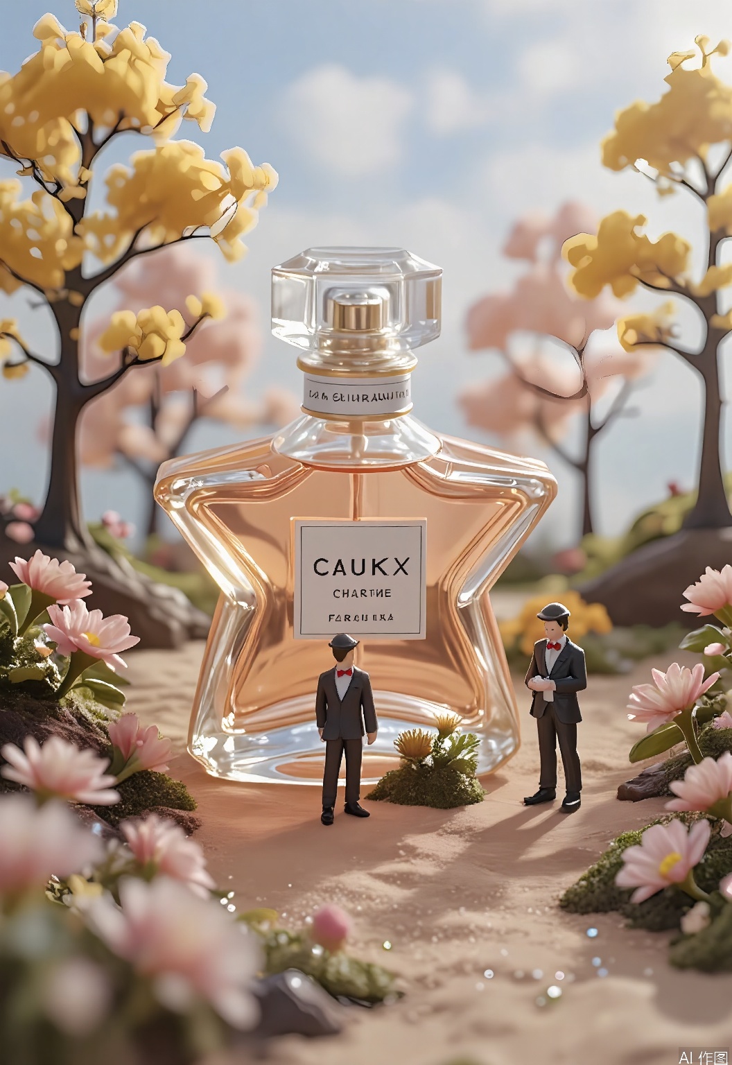 WSCJ, A picture of a whimsical, surreal micro - e - commerce vignette. Gigantic, star - shaped, cartoon - like perfume bottles are in the foreground, with two tiny, figurine - like clerks in black suits and red bowties standing in between. The "shop" is adorned with delicate flower arrangements made of perfume blossoms. The background depicts a fairytale forest with trees made of perfume bottle caps and a sky filled with scented mist. The slightly tilted angle gives a dreamlike quality. Soft, ethereal lighting makes the scene enchanting. The overall mood is elegant and magical.
