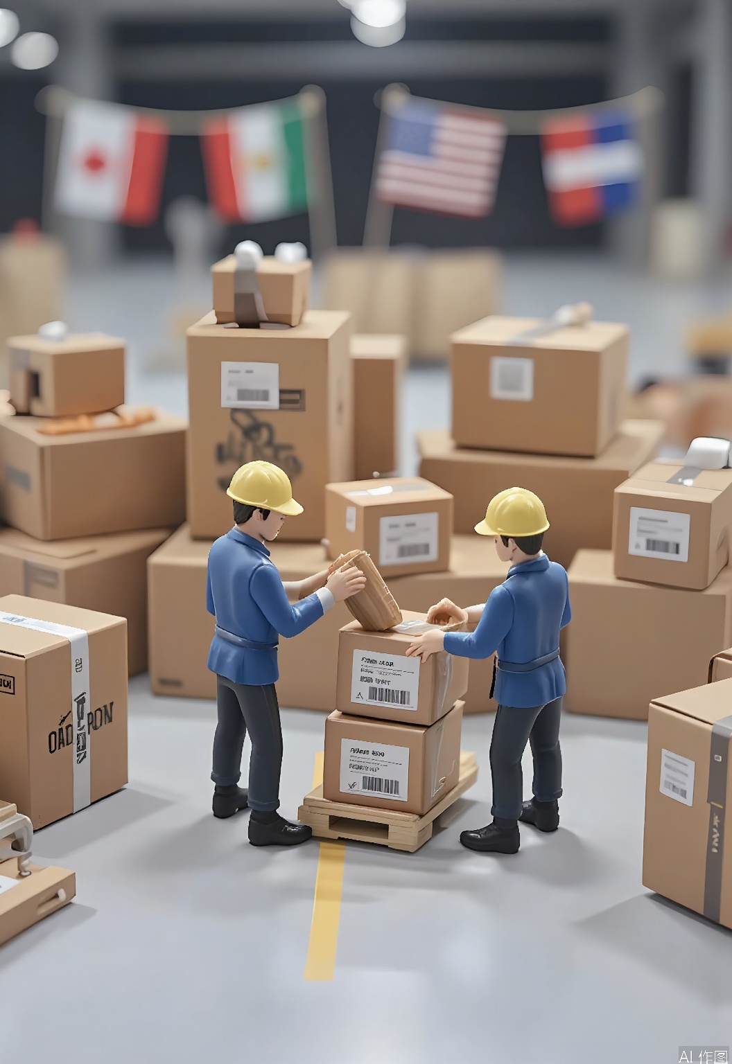WSCJ, Photograph of a miniature e-commerce global shipping hub with tiny figurines of workers handling packages from different countries. The figurines are wearing uniforms from various cultures, and the packages are labeled with international shipping labels. The background is a large, open space with flags from around the world. The lighting is bright, with a focus on the diversity of the workers and the packages. The overall mood is global and interconnected, capturing the essence of international e-commerce.
