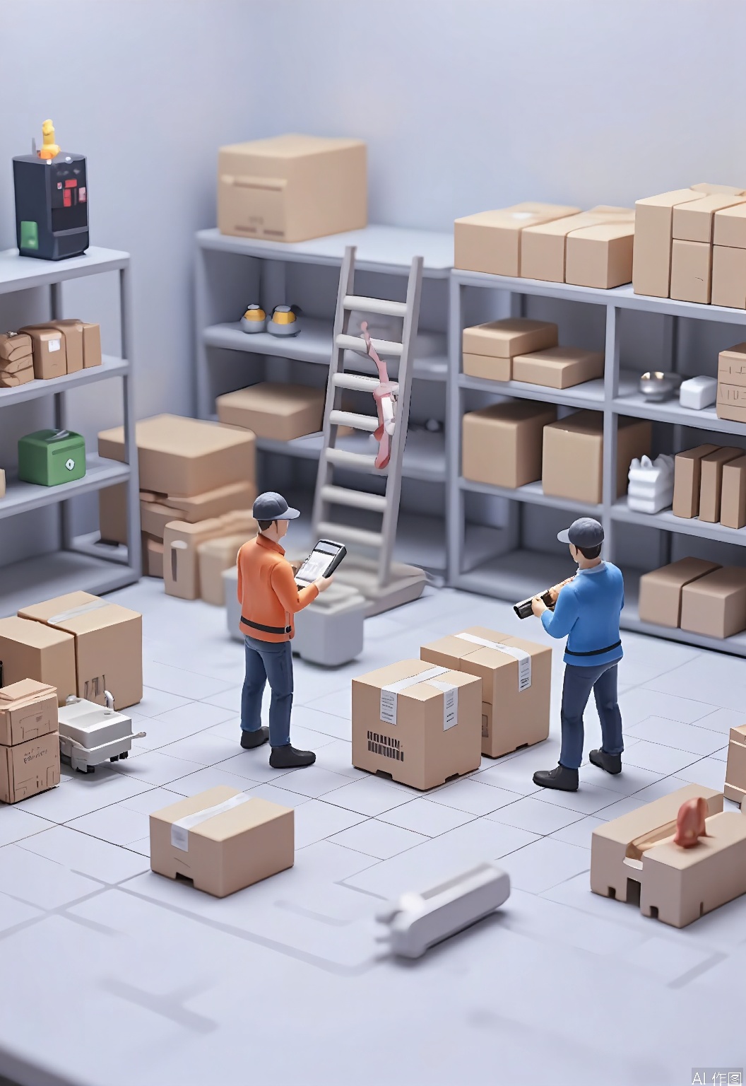 WSCJ, Photograph of a miniature e-commerce inventory management area with tiny figurines of workers scanning barcodes and organizing shelves. The figurines are focused and efficient, and the shelves are filled with neatly arranged products. The background is a light gray, with a grid pattern adding a sense of order. The lighting is bright, with clear shadows under the products. The composition emphasizes the importance of inventory accuracy and organization.

