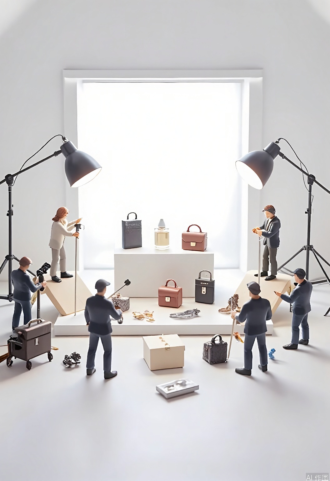 WSCJ, Photograph of a miniature e-commerce photography studio with tiny figurines of photographers adjusting lights and cameras around a product shoot. The figurines are posed in dynamic ways, showing the behind-the-scenes action. The background is a clean white, with subtle shadows adding depth. The products on display are meticulously arranged, catching the light perfectly. The lighting is bright and focused, highlighting the details of the products. The composition is professional and polished, reflecting the importance of product presentation.
