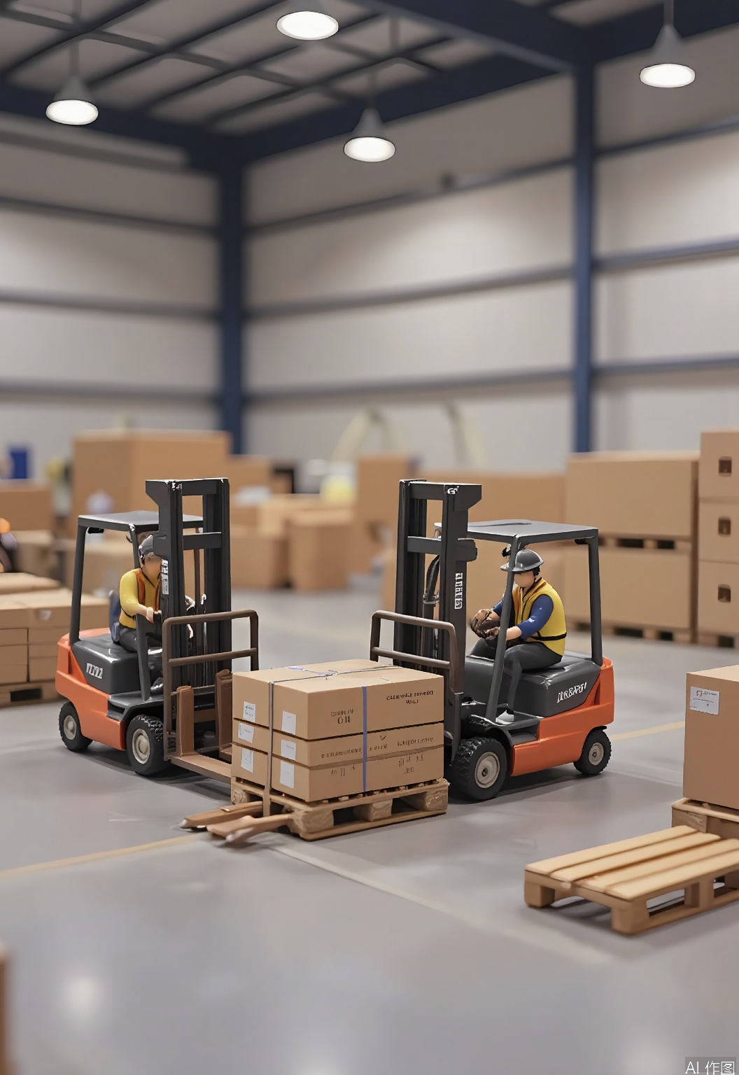 WSCJ, Photograph of a miniature e-commerce logistics center with tiny figurines of workers operating forklifts and moving pallets. The figurines are wearing safety vests, and the pallets are stacked with boxes. The background is a large warehouse space, with high ceilings and steel beams. The lighting is bright, with a focus on the movement of the forklifts. The composition shows the scale and complexity of logistics operations.
