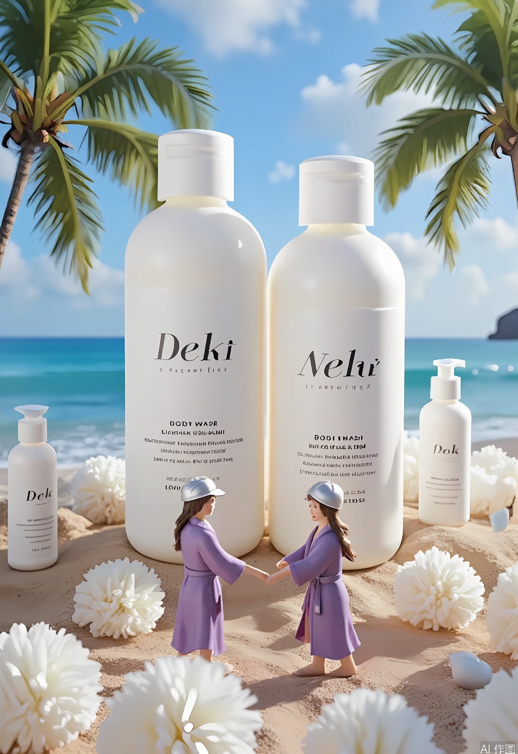 WSCJ, A photograph of a whimsical, surreal micro - e - commerce setup. Huge, bubbly, cartoon - like body washes are at the forefront, with two little, doll - like storekeepers in purple robes and silver crowns standing nearby. The area is filled with loofahs and body lotion bottles. The background shows a tropical paradise with palm trees made of shower gel bottles and a sea made of bubble bath. The skewed perspective adds a playful element. Bright, tropical - like lighting creates a lively and relaxing atmosphere. The overall mood is exotic and dreamy.
