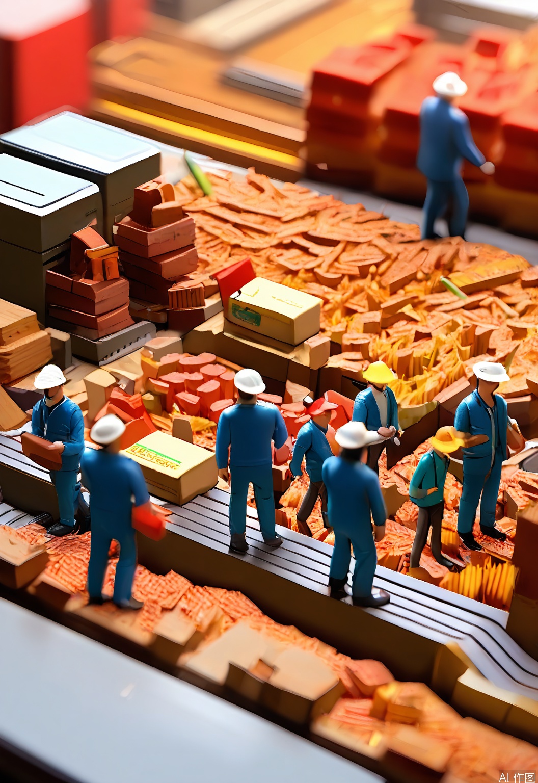 WSCJ, Photograph of a miniature e-commerce warehouse scene with tiny figurines of workers in blue uniforms, packing boxes on a conveyor belt. The figurines are intricately detailed, with various expressions showing focus and efficiency. The background is a soft gradient of grays, creating a modern and industrial atmosphere. The boxes are labeled with colorful brand logos, adding pops of color. The lighting is bright and even, illuminating every detail. The composition emphasizes the organized chaos of a busy warehouse.
