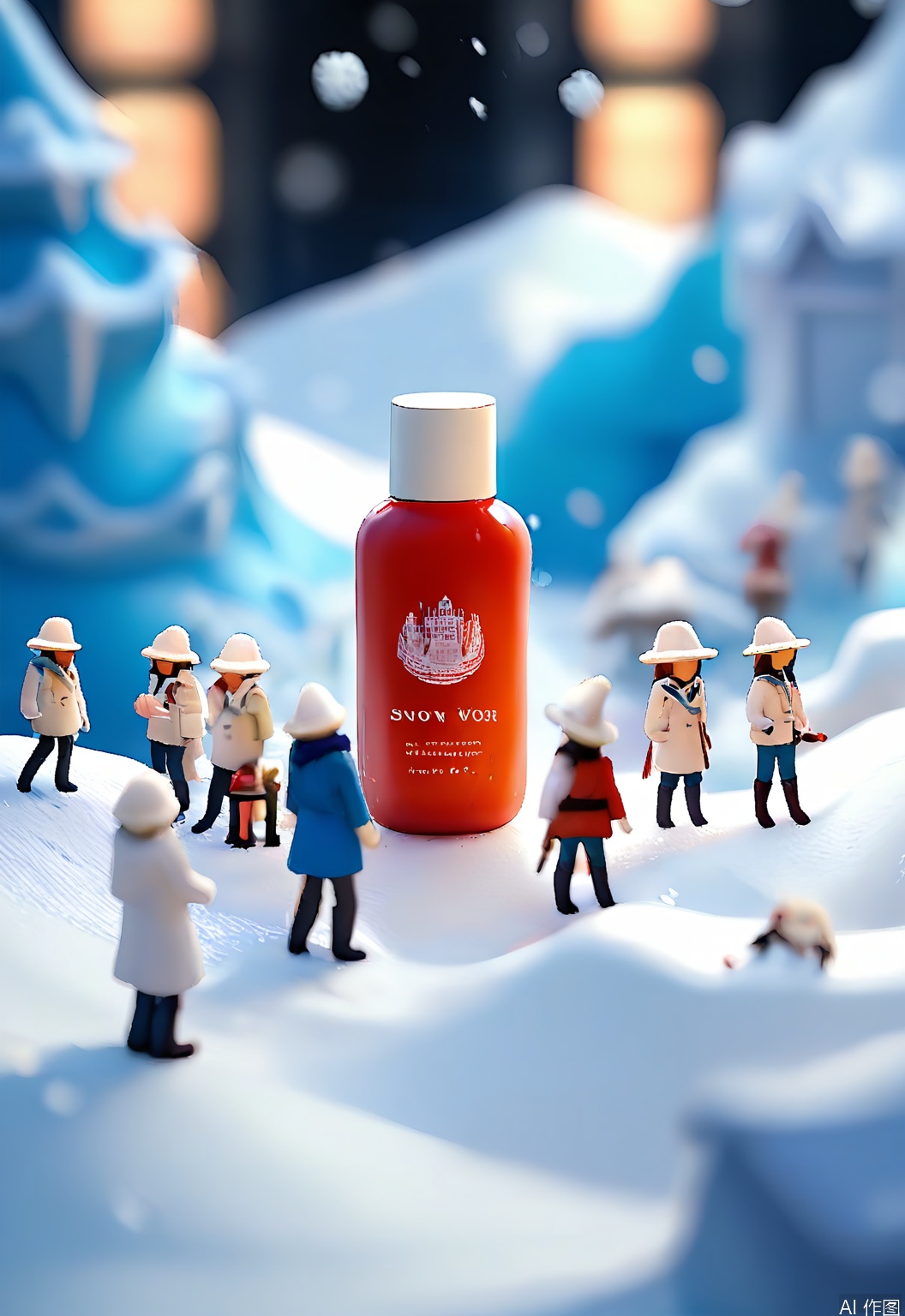 WSCJ, A photograph of a whimsical, surreal micro - e - commerce scene. Huge, round, cartoon - like face creams are at the forefront, with two little, doll - like storekeepers in white coats and blue scarves standing nearby. The area is surrounded by miniature skincare tools and jars of moisturizer. The background shows a winter wonderland with snow made of face powder and ice castles made of compact cases. The tilted view makes it playful. Soft, snowy - like lighting creates a cozy and magical atmosphere. The mood is pure and fantastical.
