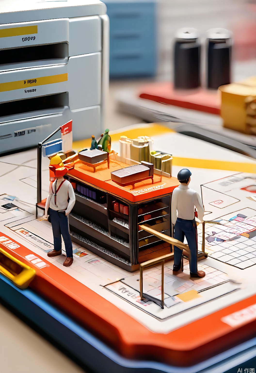 WSCJ, Photograph of a miniature e-commerce inventory management area with tiny figurines of workers scanning barcodes and organizing shelves. The figurines are focused and efficient, and the shelves are filled with neatly arranged products. The background is a light gray, with a grid pattern adding a sense of order. The lighting is bright, with clear shadows under the products. The composition emphasizes the importance of inventory accuracy and organization.
