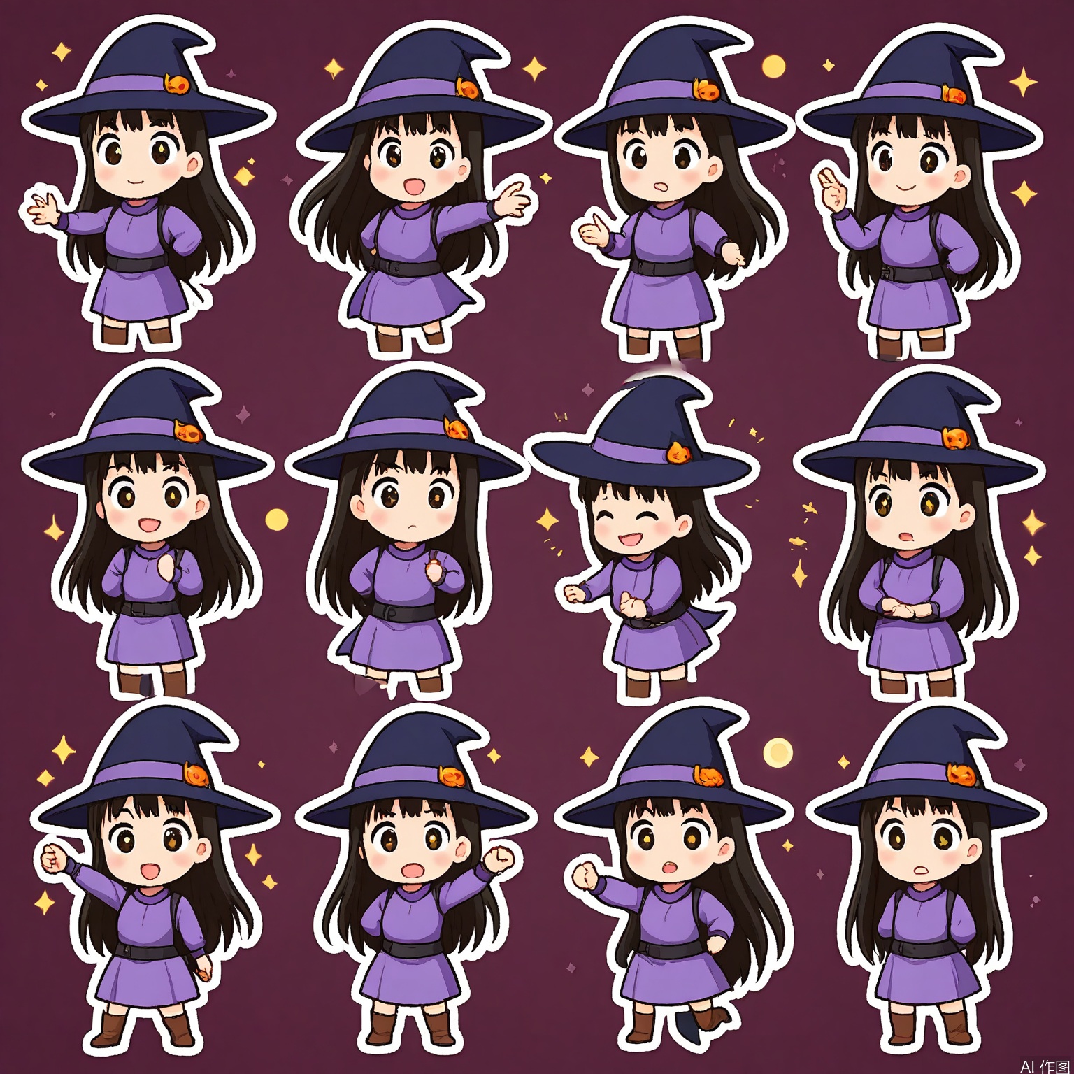 JSBQ, A digital sticker set featuring a woman with long, black hair and a mysterious expression, wearing a witch's hat. She is shown in nine varied expressions and poses, including magic, intrigue, and allure. The background is a simple white, creating a sense of mystery and enchantment. The art style is fantasy-inspired, with intricate patterns and dark hues. Her hat is adorned with stars and moons in each illustration, adding to her mystical aura. The overall mood is enchanting and mysterious.
