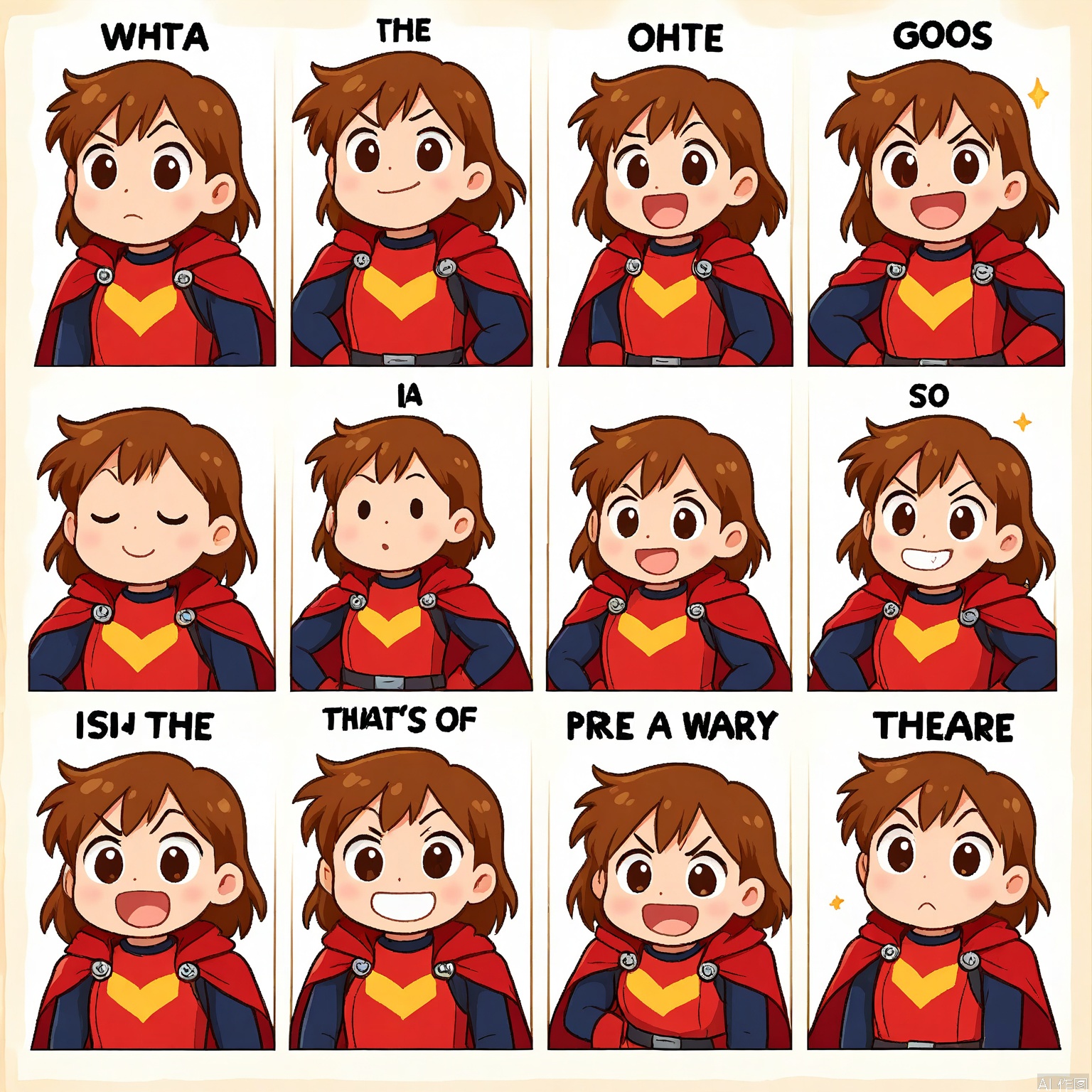 JSBQ, A digital emoji collection featuring a young boy with messy brown hair and a toothy grin, wearing a superhero cape. He is shown in nine expressions and poses, such as bravery, determination, and pure joy. The background is a stark white, emphasizing the vibrancy of his cape. The art style is comic book-inspired, with bold outlines and dynamic poses. His cape billows dramatically in each frame, showcasing his heroic spirit. The overall mood is adventurous and heroic.
